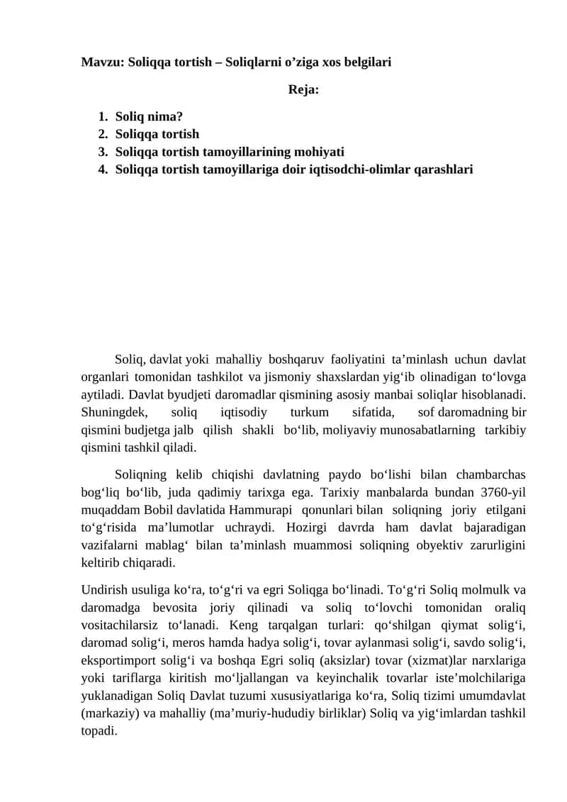 Soliqqa tortish – Soliqlarni o’ziga xos belgilari
