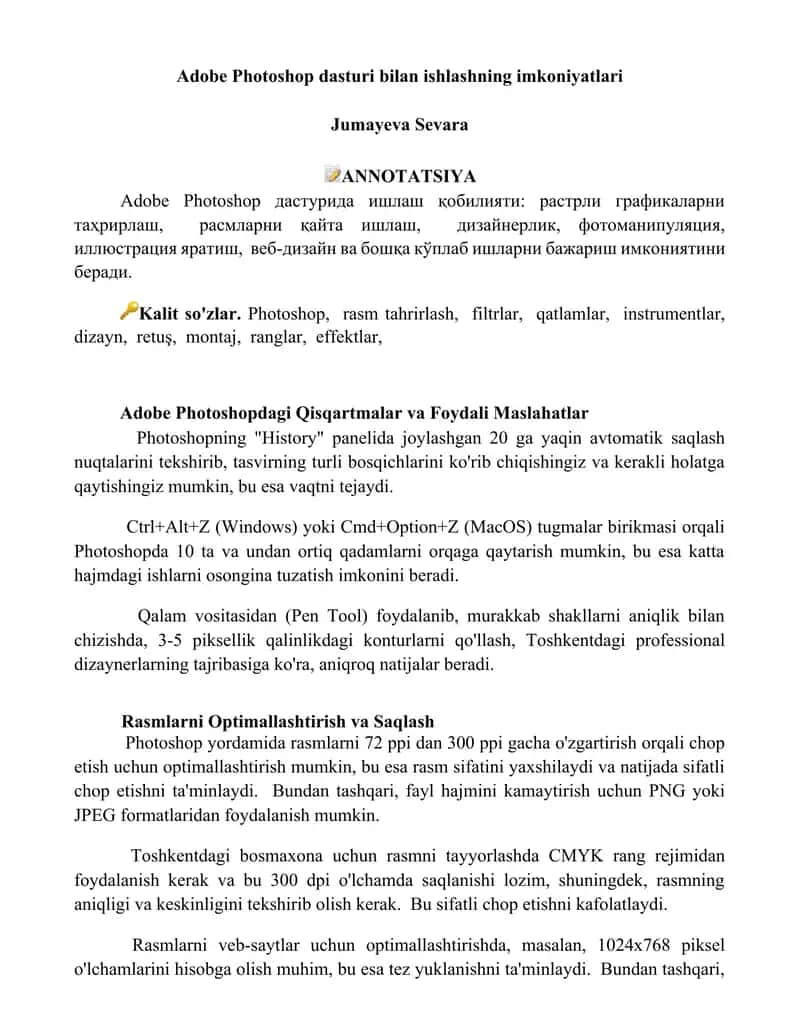 Adobe Photoshop dasturi bilan ishlashning imkoniyatlari