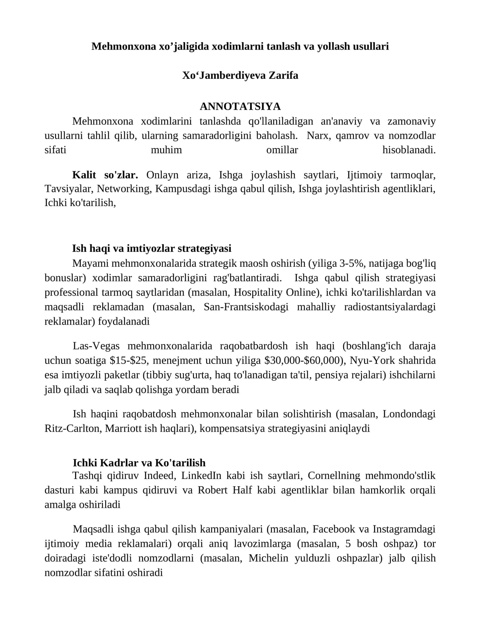 Mehmonxona xo’jaligida xodimlarni tanlash va yollash usullari