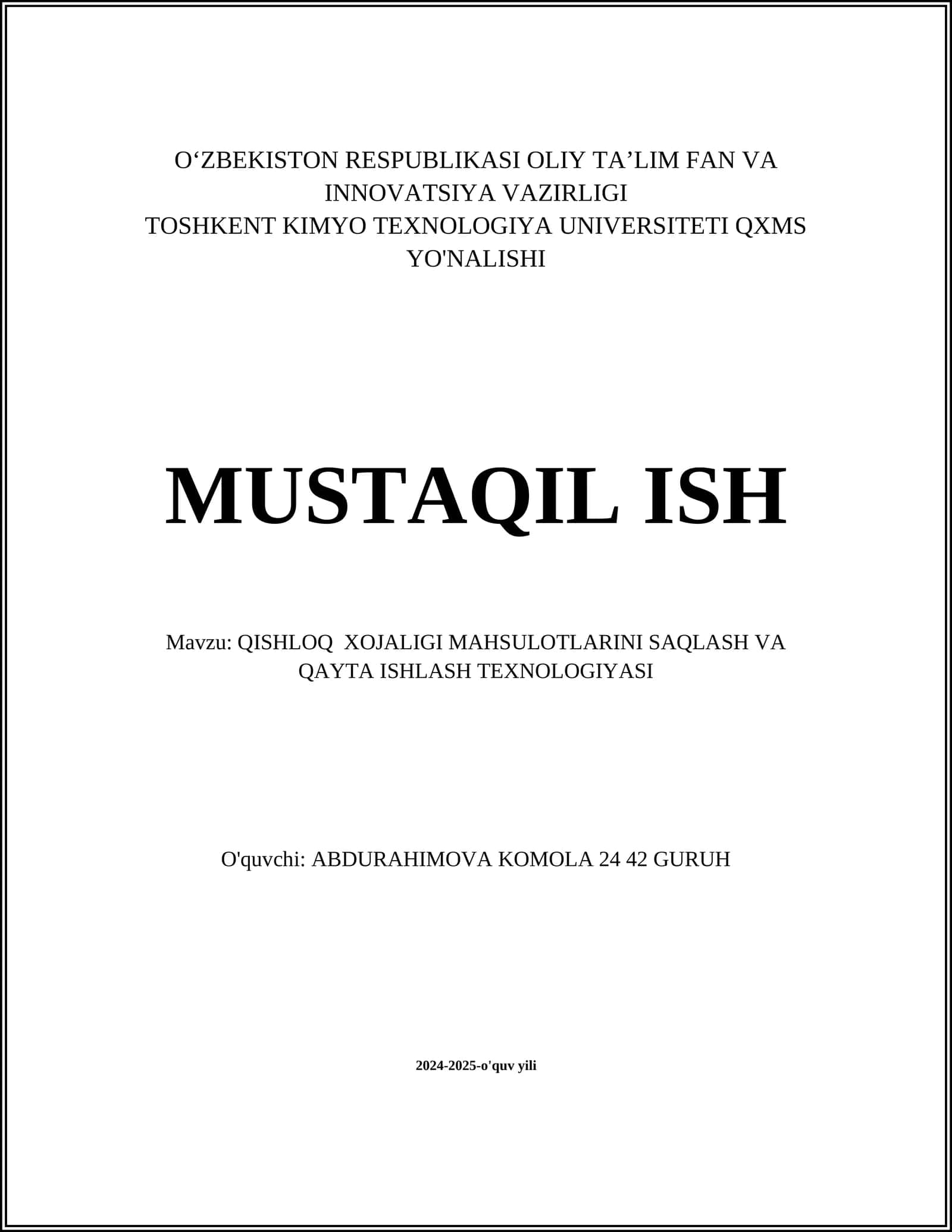 QISHLOQ XOJALIGI MAHSULOTLARINI SAQLASH VA QAYTA ISHLASH TEXNOLOGIYASI
