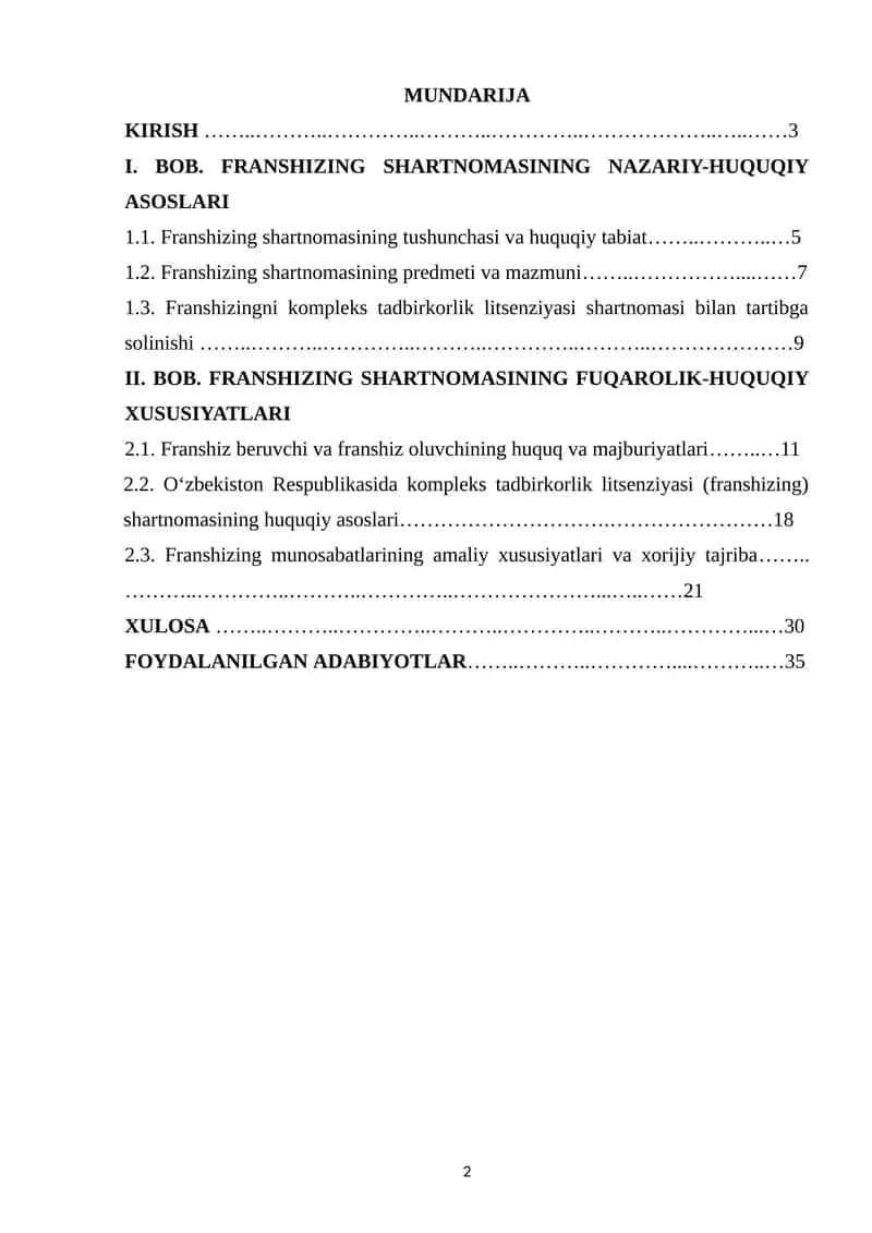 KOMPLEKS TADBIRKORLIK LITSENZIYASI (FRANSHIZING) SHARTNOMASINING FUQAROLIK-HUQUQIY XUSUSIYATLARI