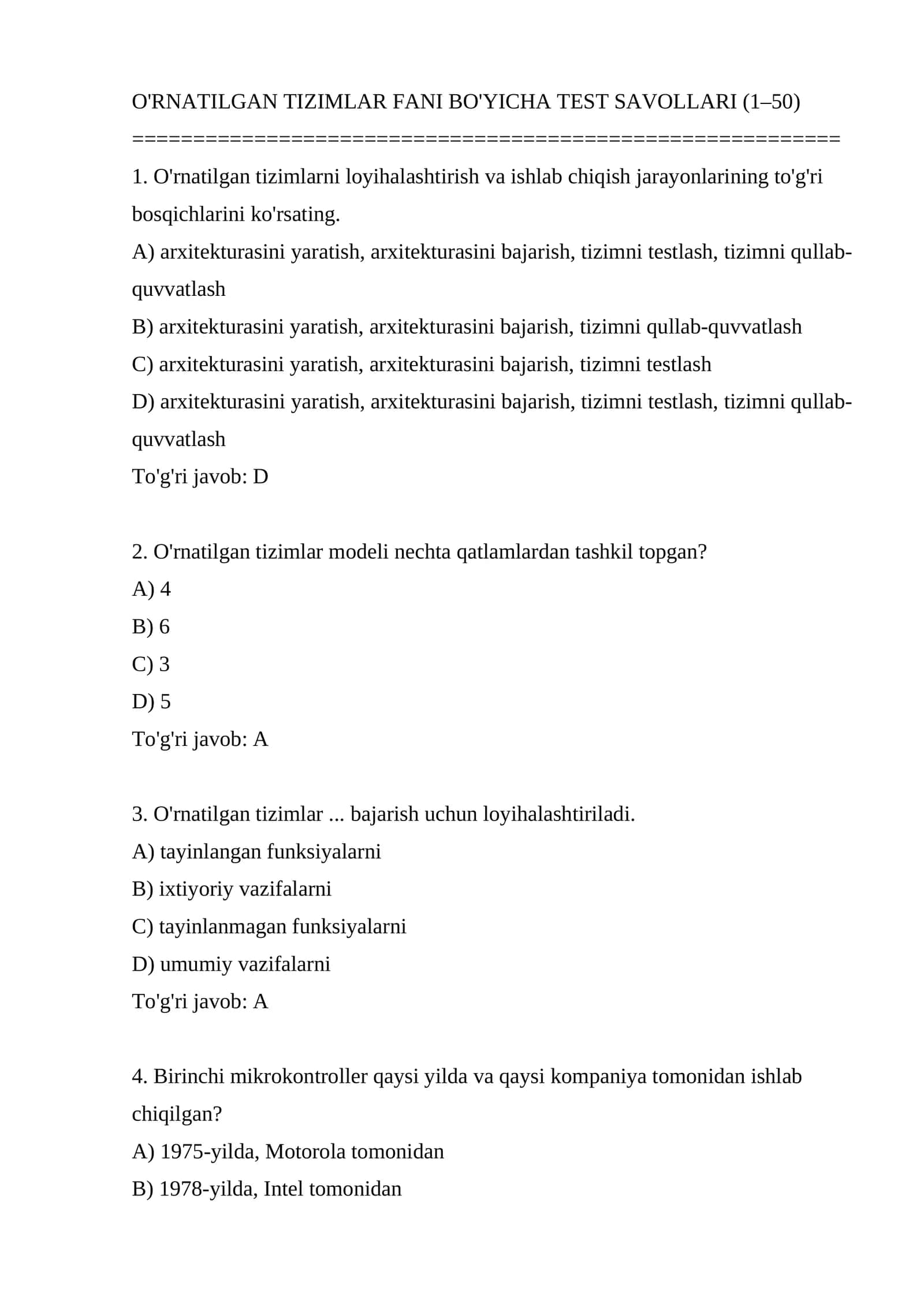 O'Rnatilgan Tizimlar Fani Bo'yicha Test Savollari
