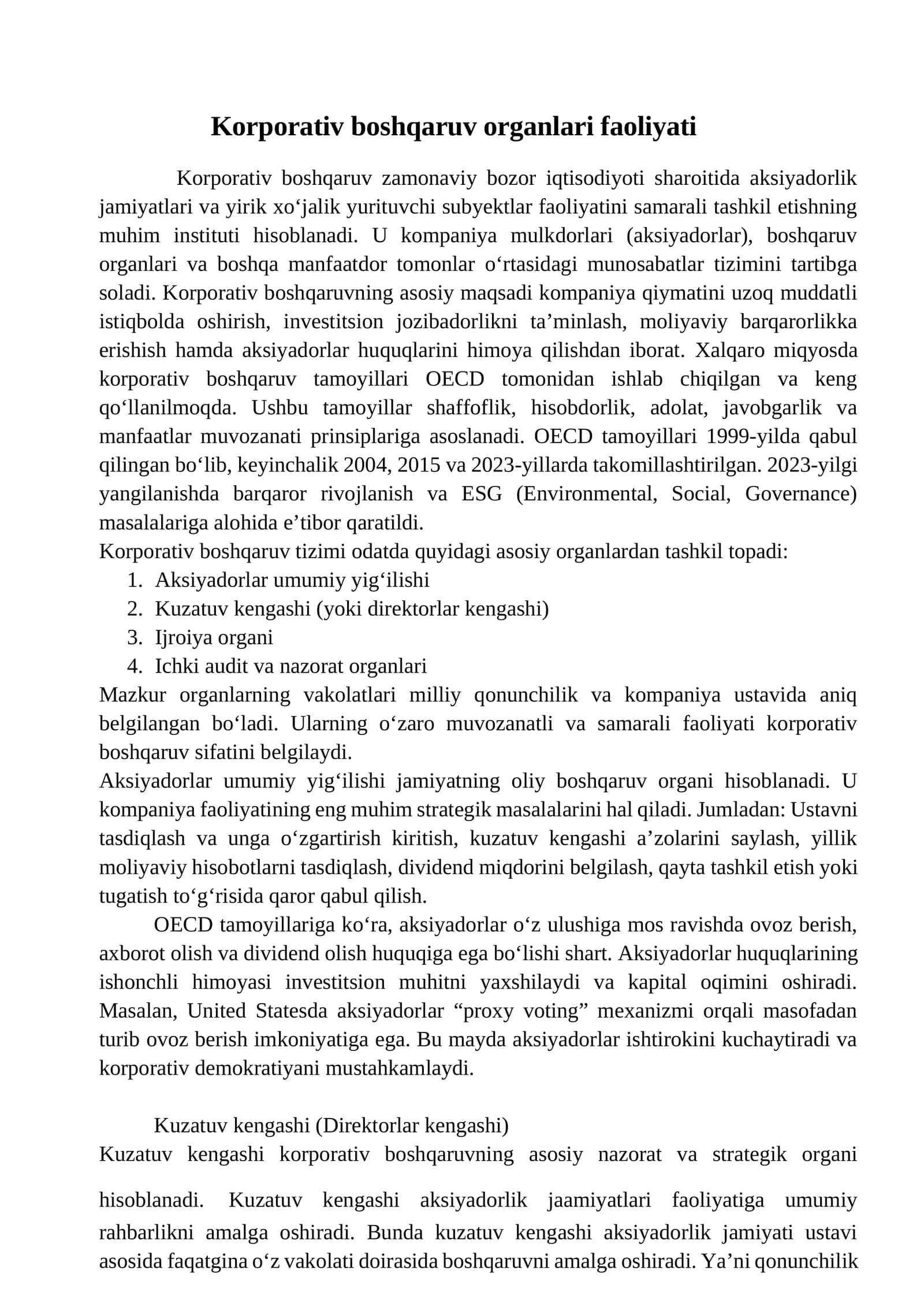 Korporativ boshqaruv organlari faoliyati