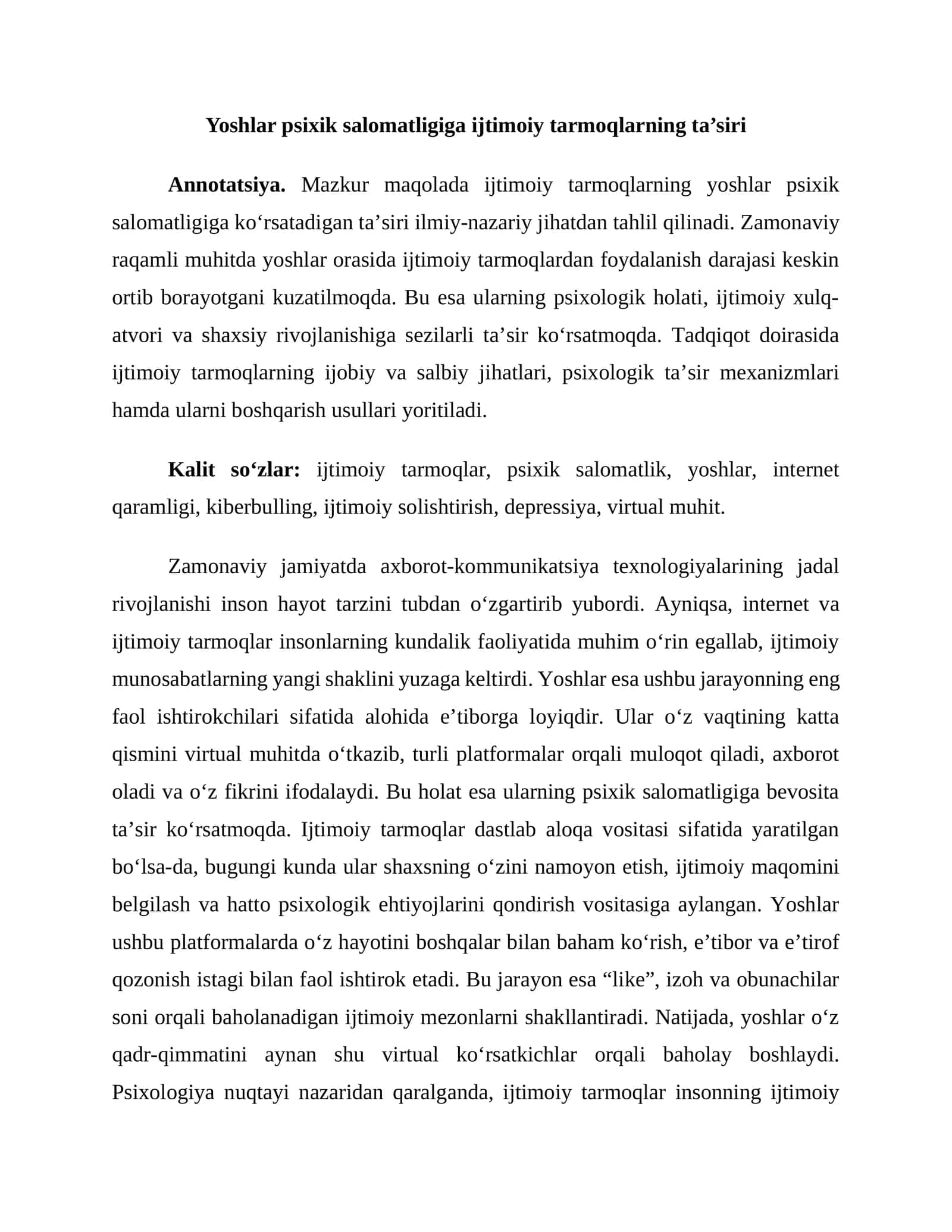 Yoshlar psixik salomatligiga ijtimoiy tarmoqlarning ta’siri