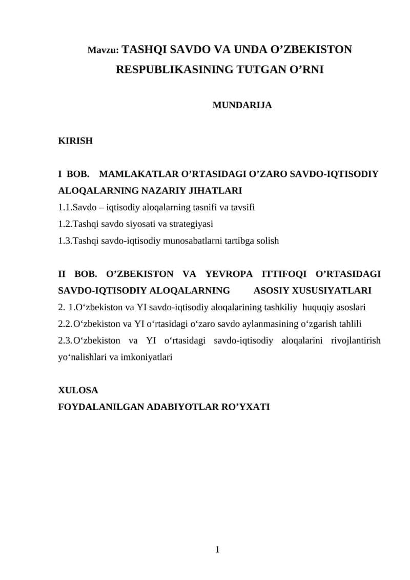 TASHQI SAVDO VA UNDA O’ZBEKISTON RESPUBLIKASINING TUTGAN O’RNI