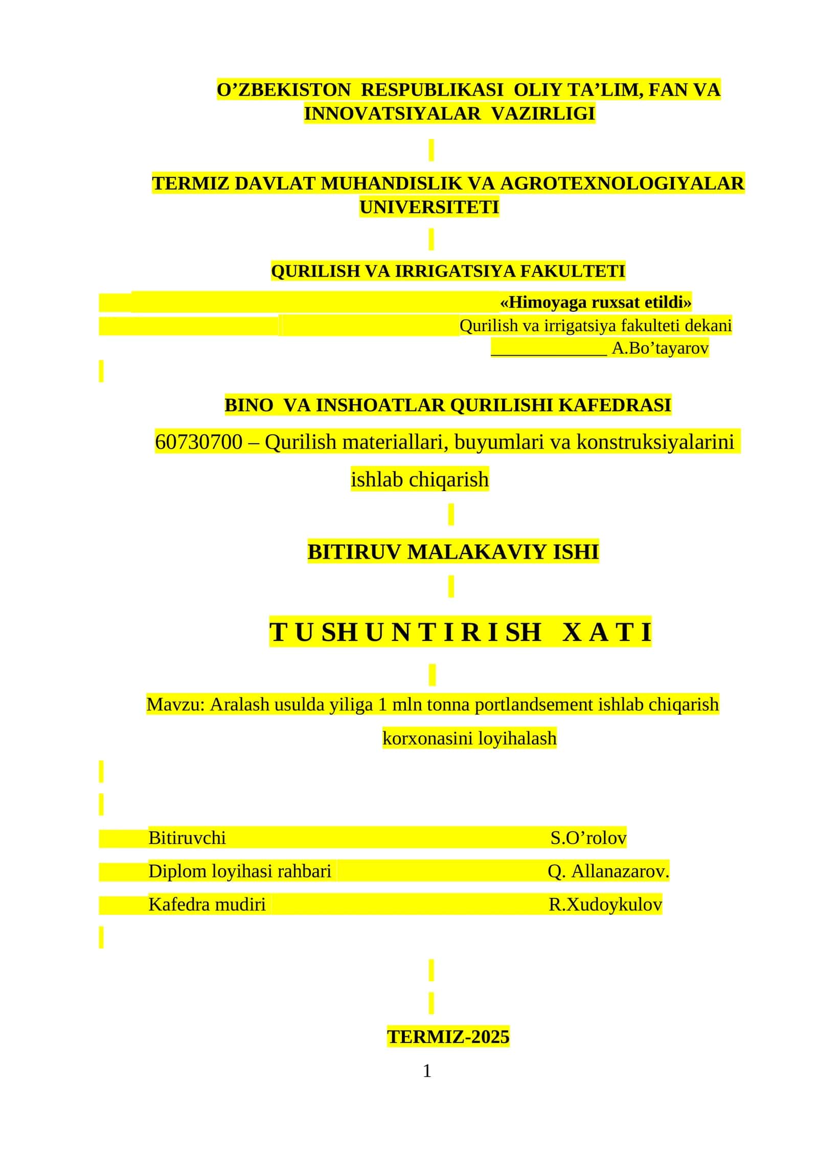 Aralash usulda yiliga 1 mln tonna portlandsement ishlab chiqarish korxonasini loyihalash