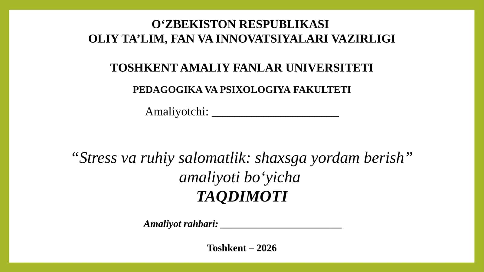 Stress va ruhiy salomatlik shaxsga yordam berish