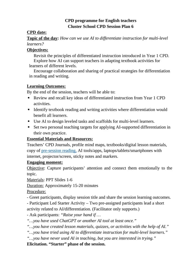 Cluster School CPD Session Plan 6
