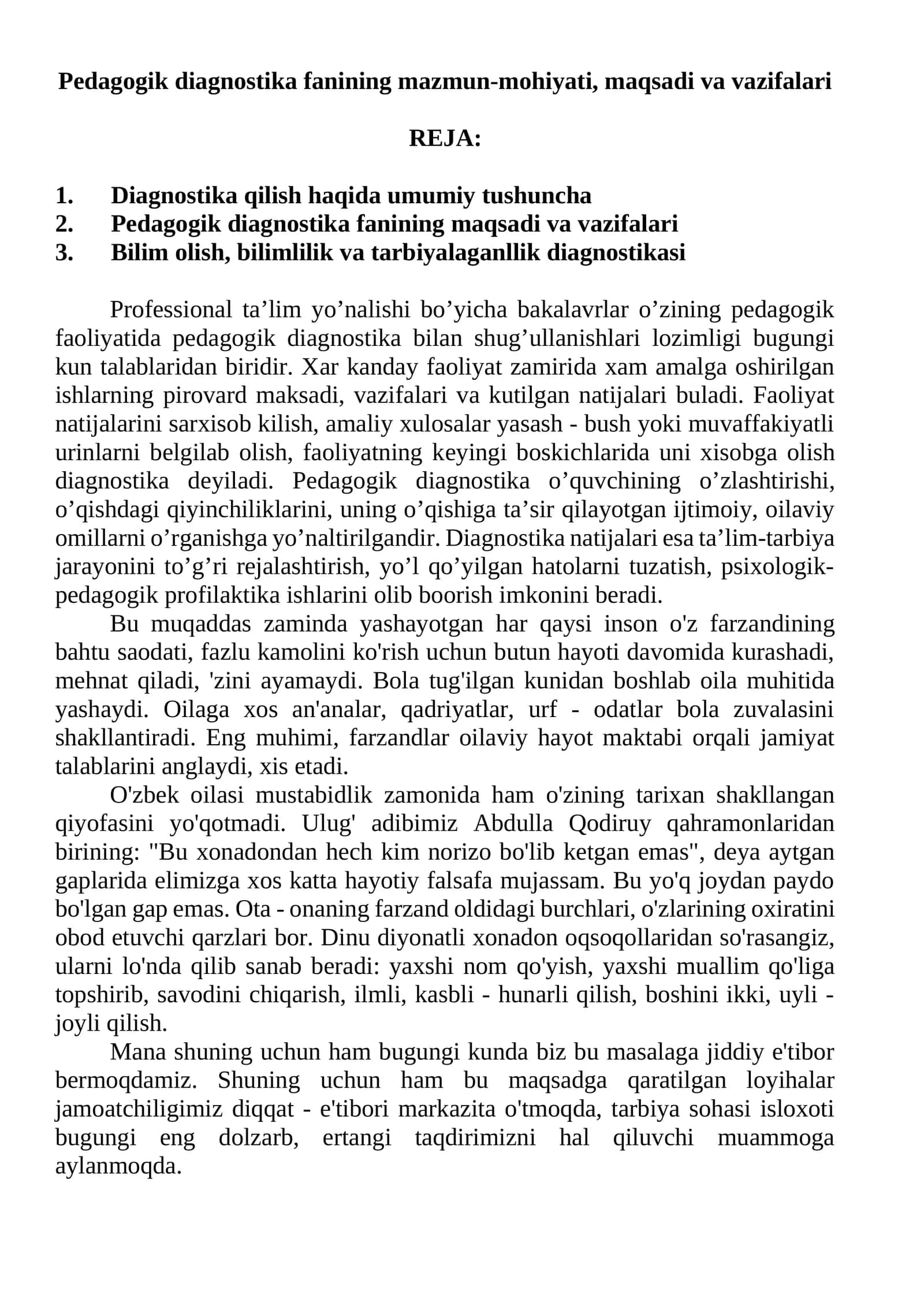 Pedagogik diagnostika fanining mazmun-mohiyati, maqsadi va vazifalari