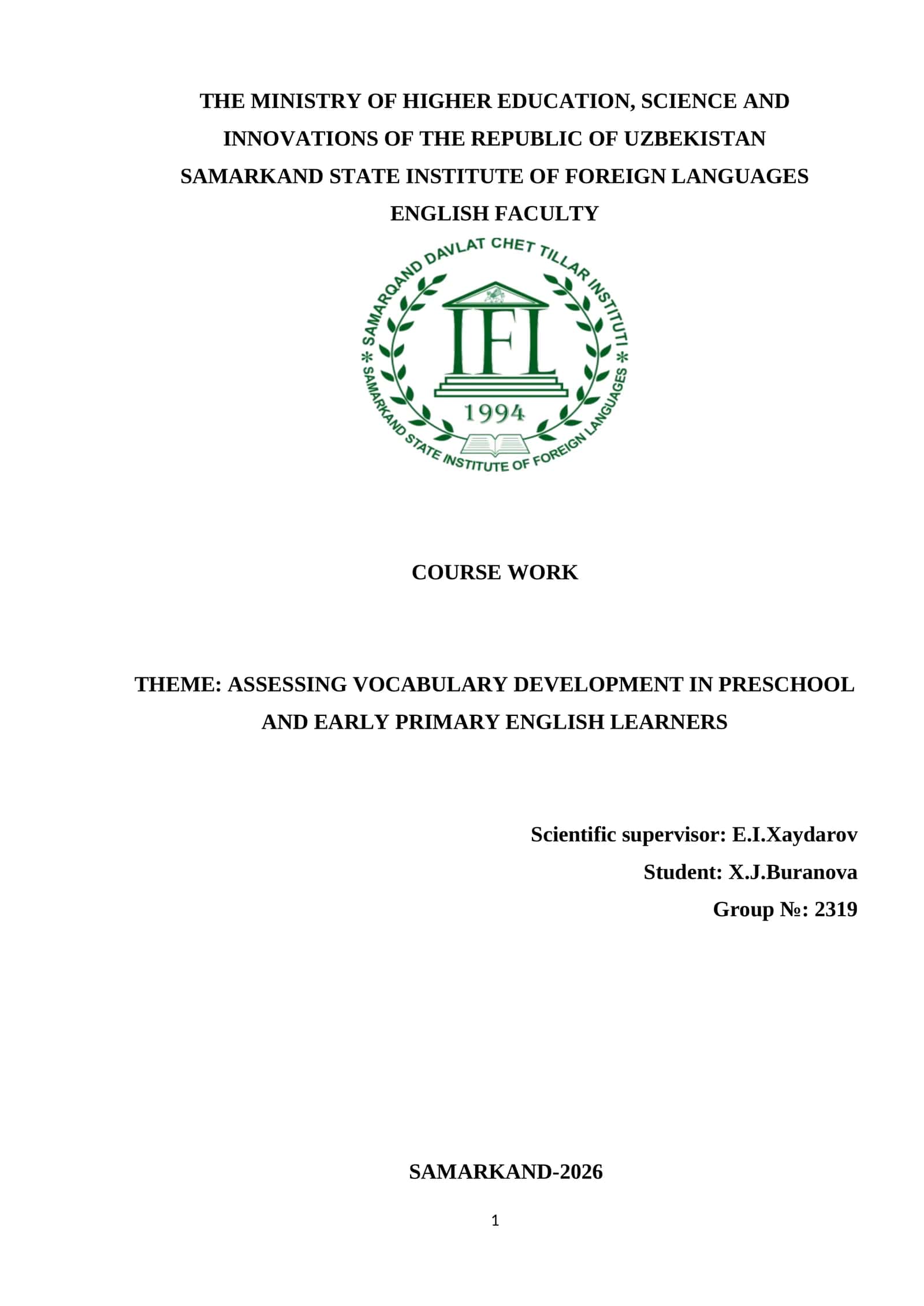 ASSESSING VOCABULARY DEVELOPMENT IN PRESCHOOL AND EARLY PRIMARY ENGLISH LEARNERS