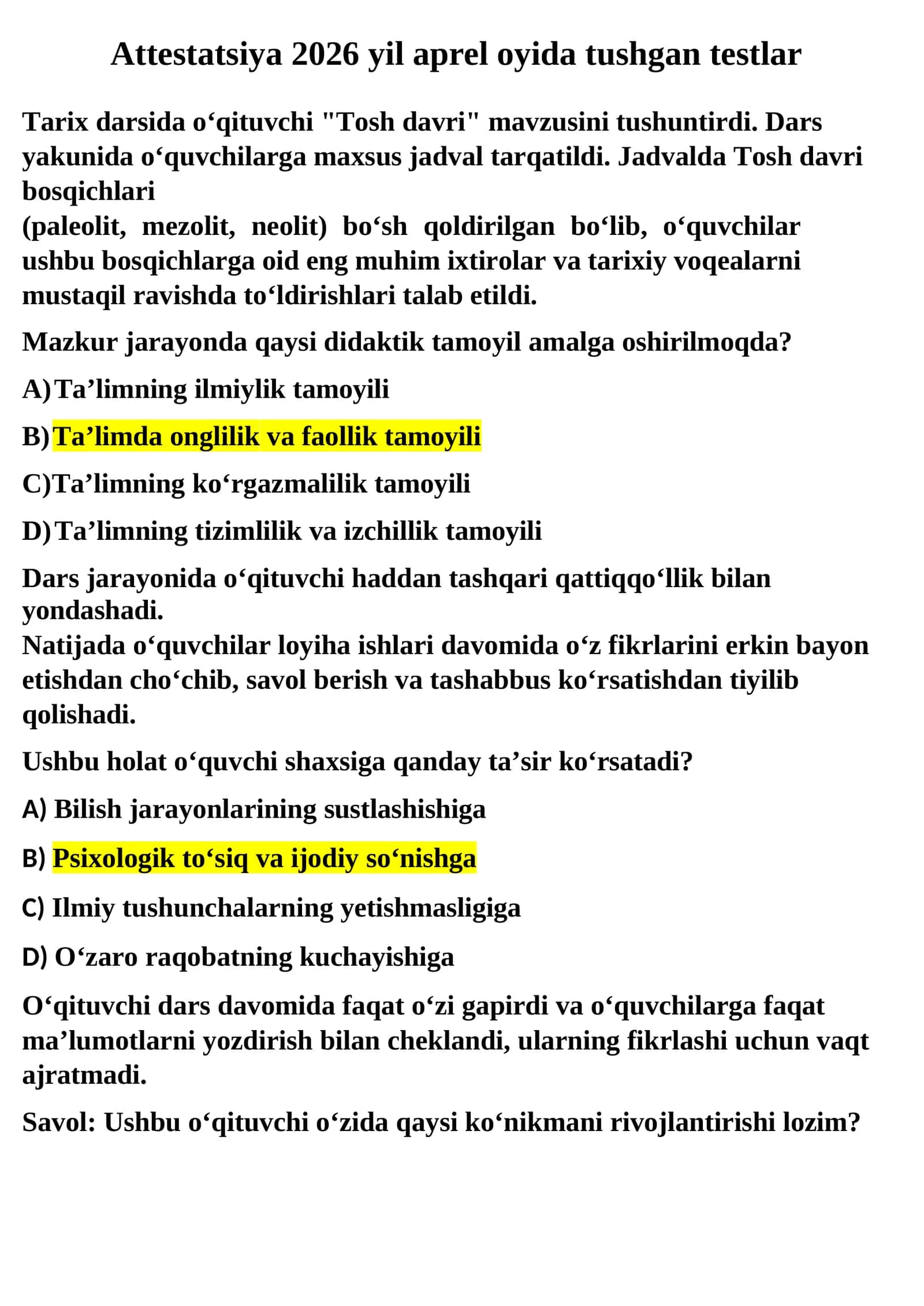 Attestatsiya 2026 yil aprel oyida tushgan testlar