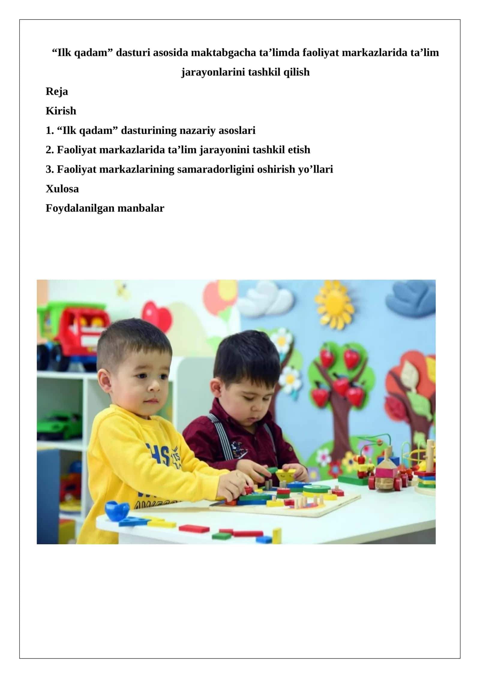 “Ilk qadam” dasturi asosida maktabgacha ta’limda faoliyat markazlarida ta’lim jarayonlarini tashkil qilish