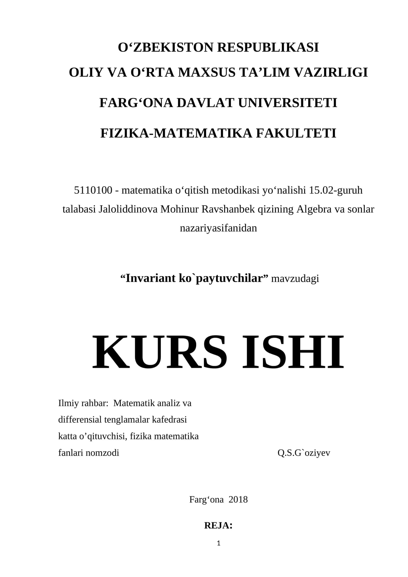 "Invariant ko`paytuvchilar" mavzudagi KURS ISHI