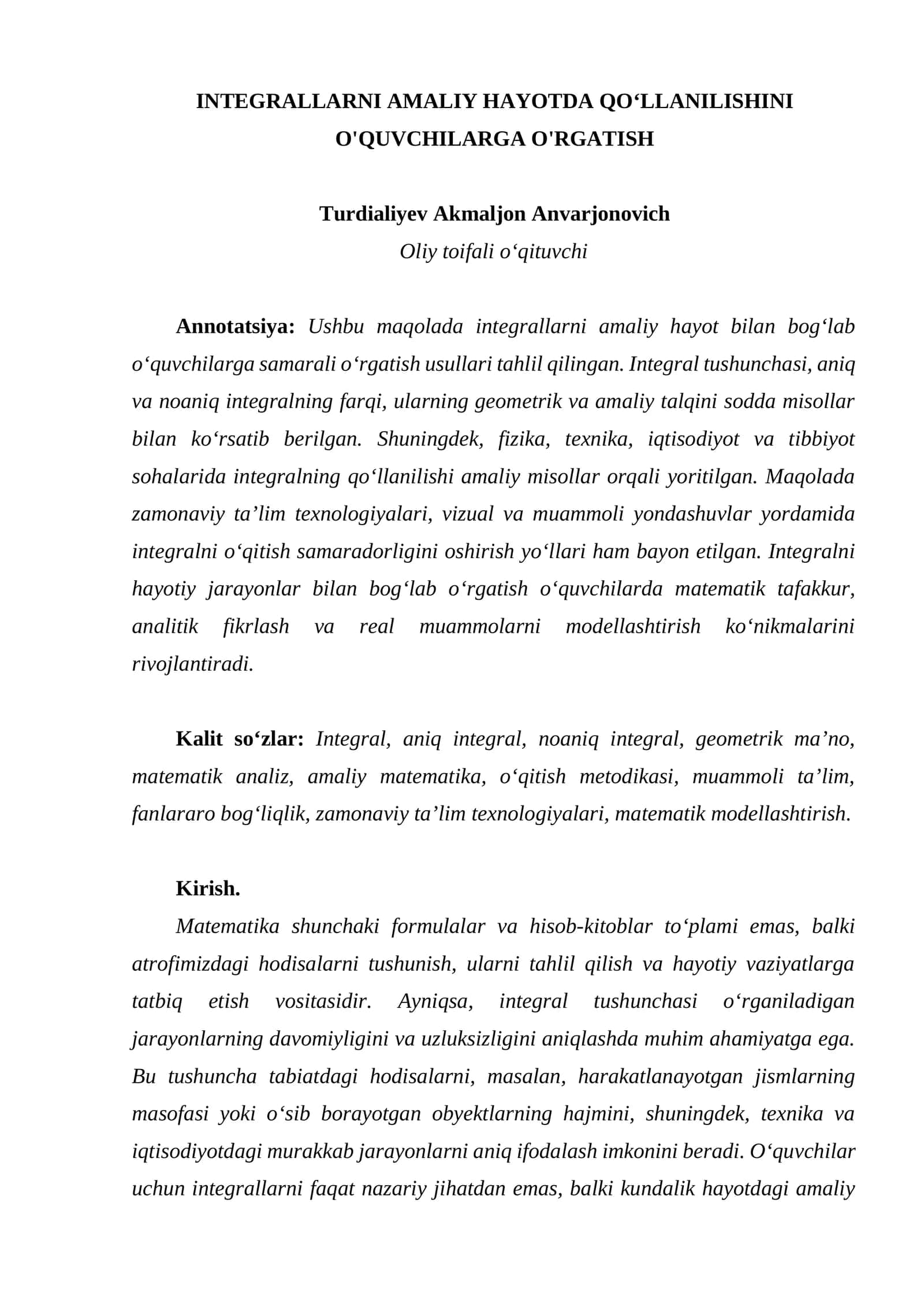 Integrallarni amaliy hayotda qo‘llanilishini o'quvchilarga o'rgatish