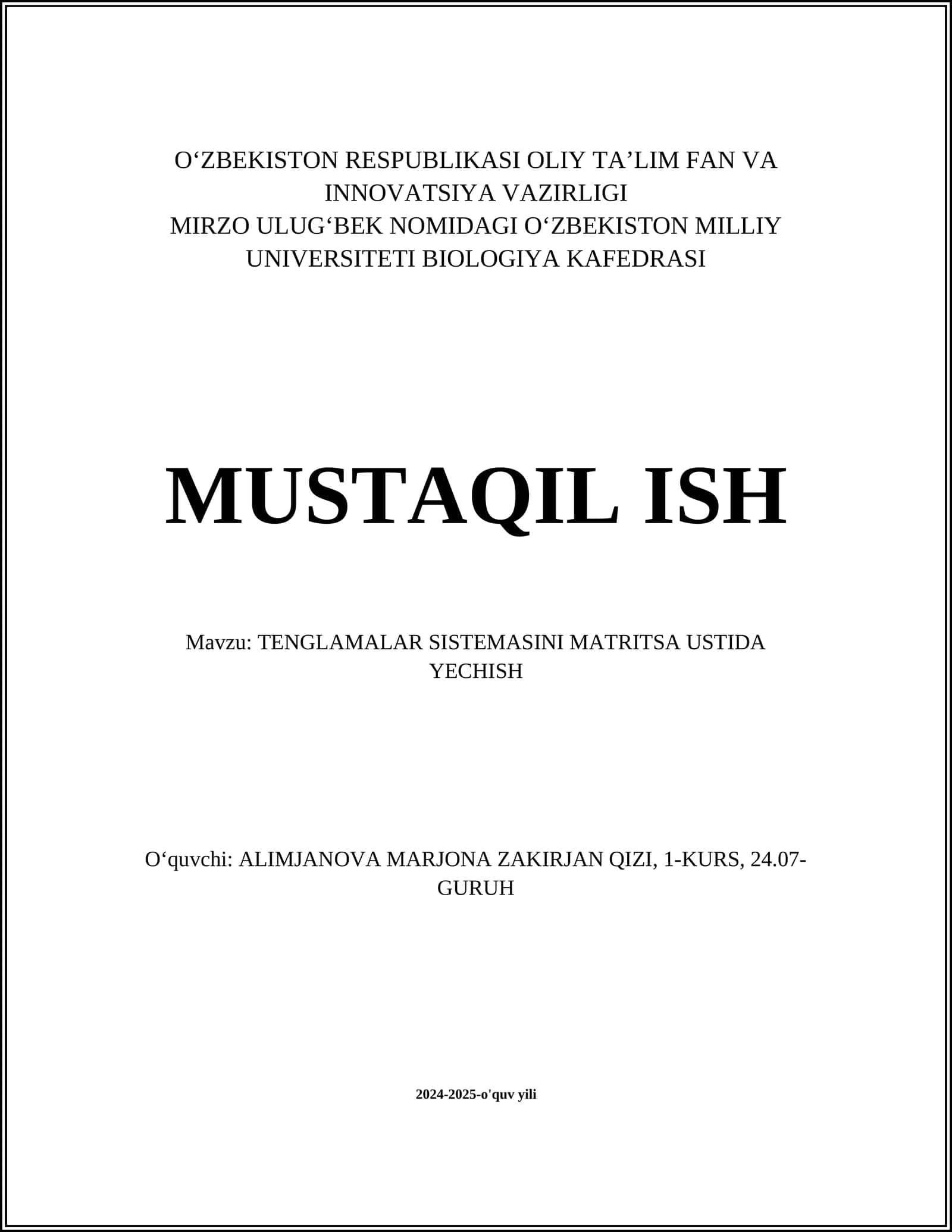 TENGLAMALAR SISTEMASINI MATRITSA USTIDA YECHISH
