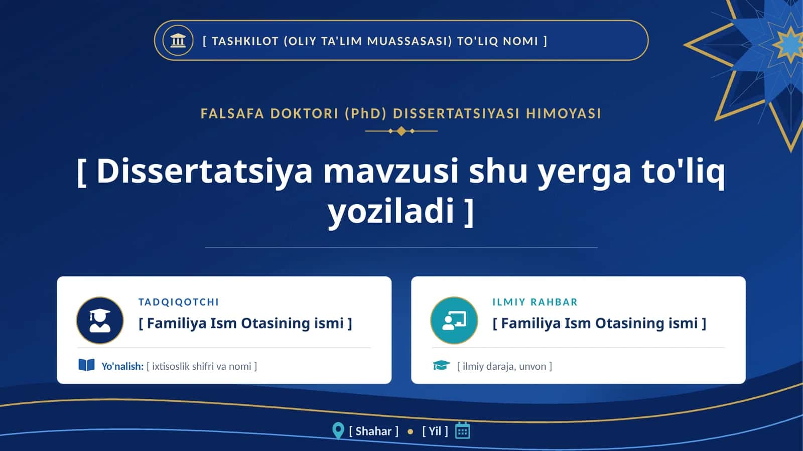 PhD Dissertatsiyasi seminari va himoyasi uchun premium universal taqdimot shabloni
