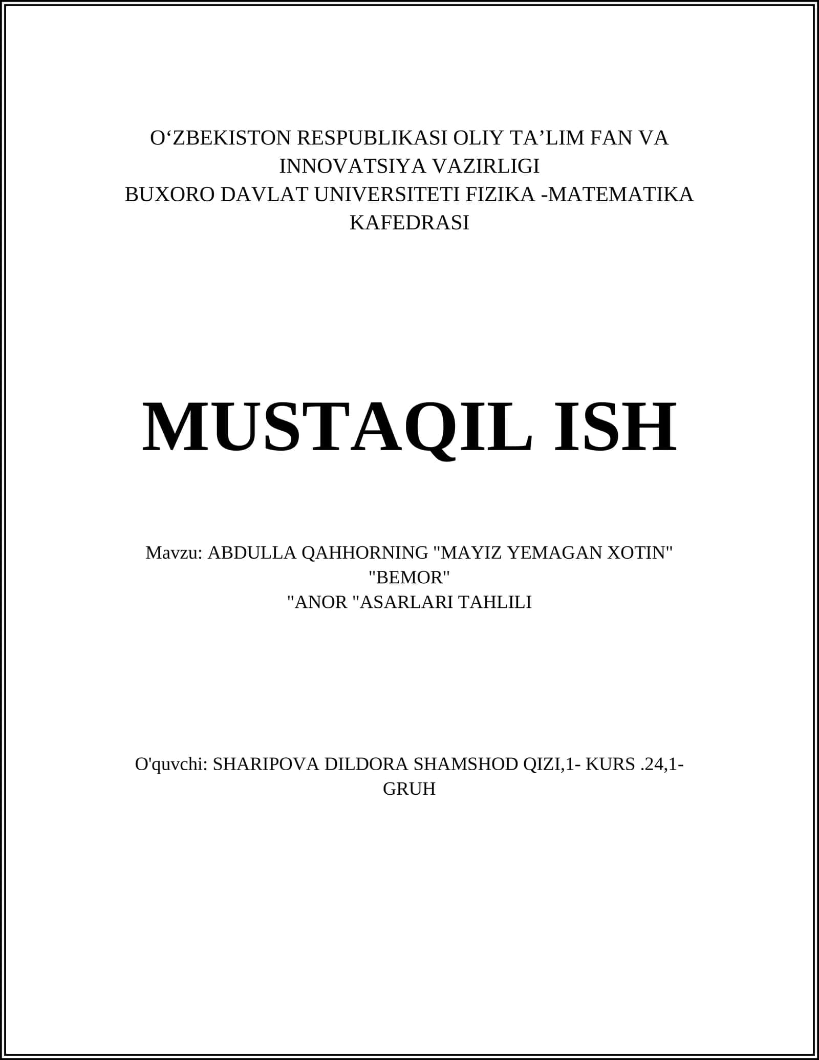 Mayiz yemagan xotin asarining tahlili