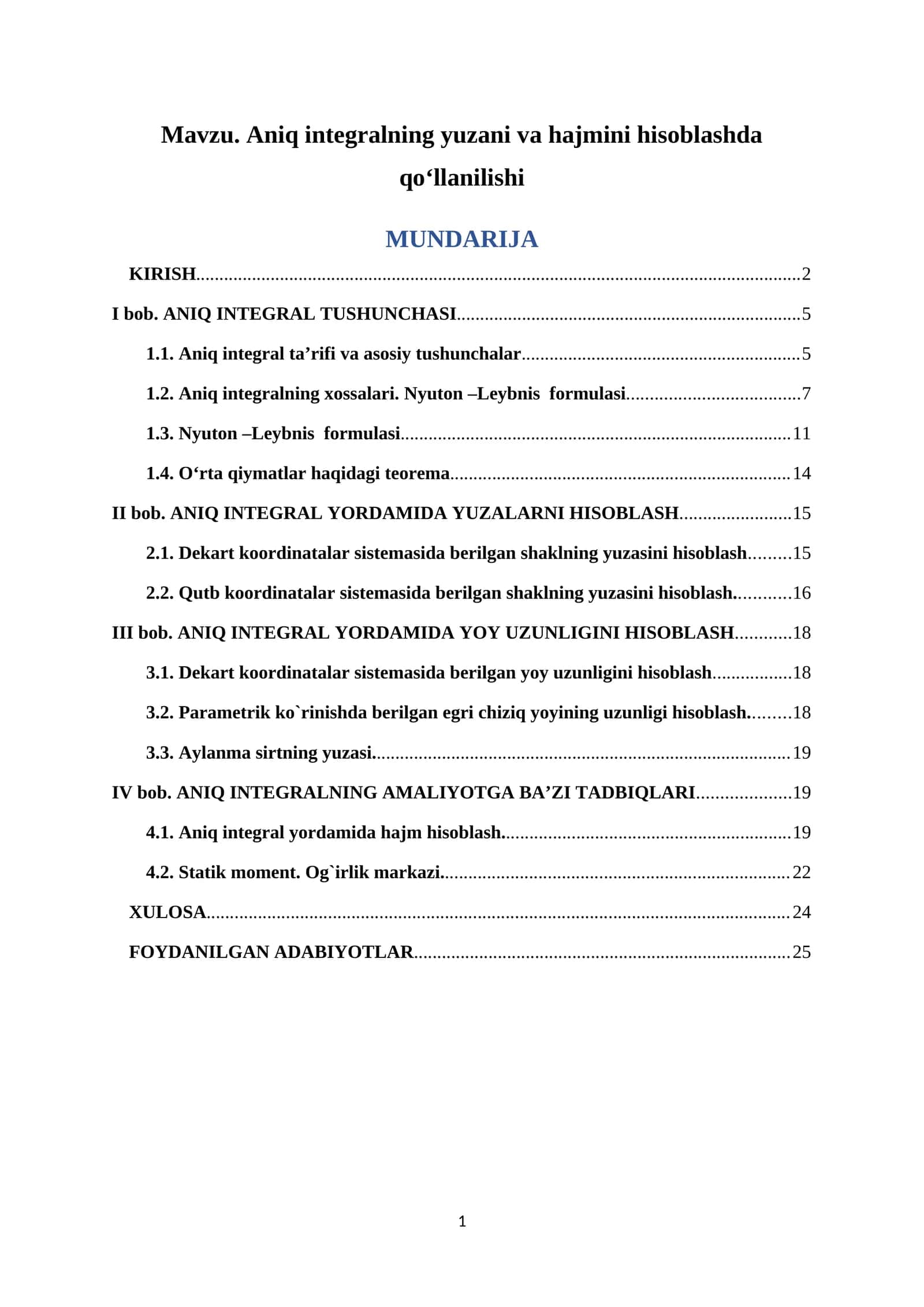Aniq integralning yuzani va hajmini hisoblashda qoʻllanilishi