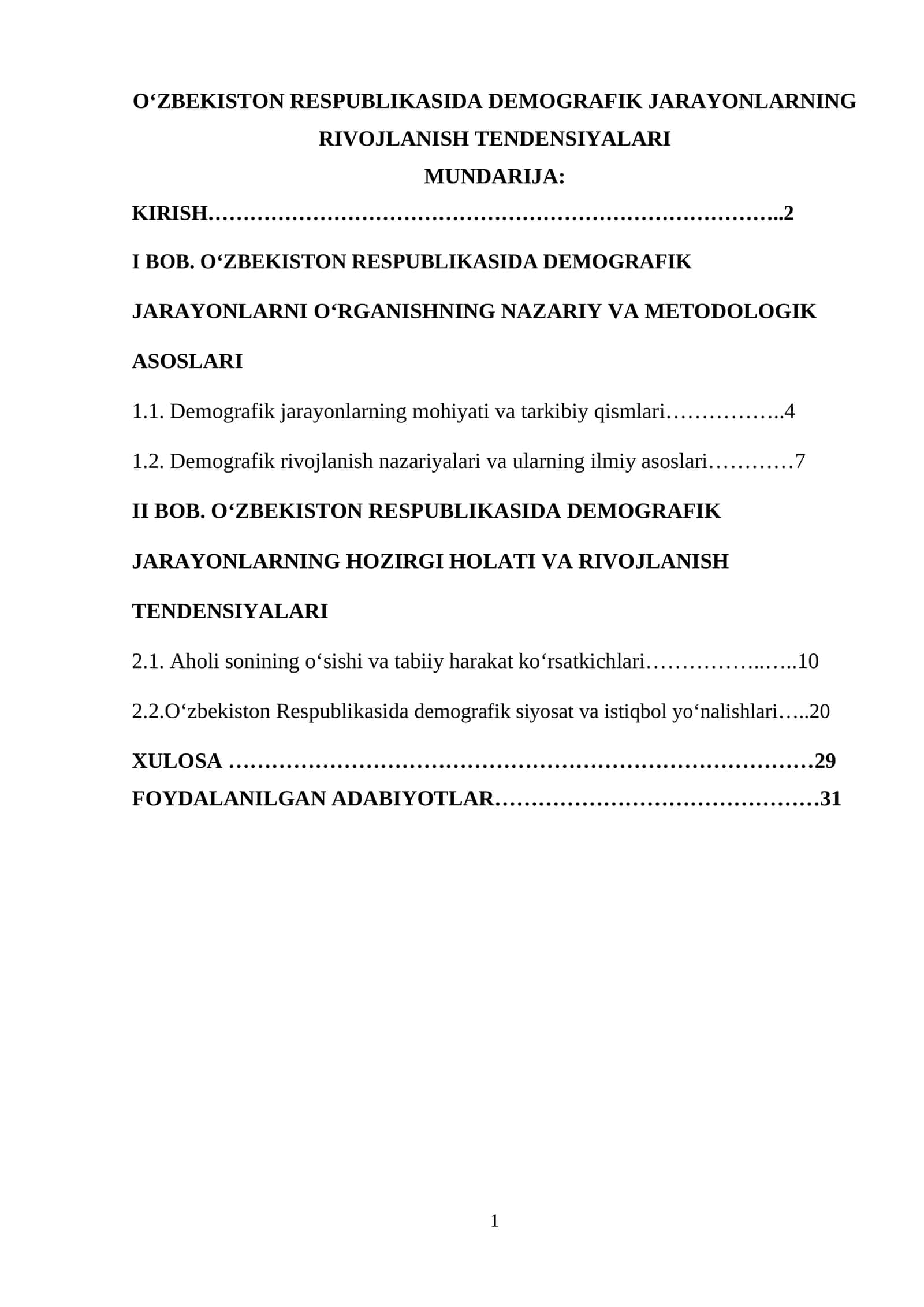 OZBEKISTON RESPUBLIKASIDA DEMOGRAFIK JARAYONLARNING RIVOJLANISH TENDENSIYALARI