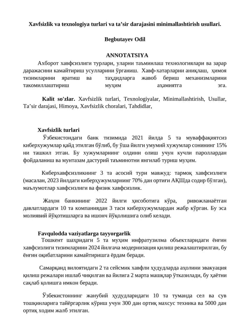Xavfsizlik va texnologiya turlari va ta’sir darajasini minimallashtirish usullari