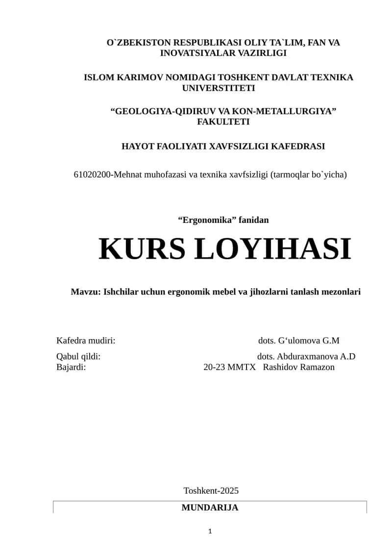 Ishchilar uchun ergonomik mebel va jihozlarni tanlash mezonlari