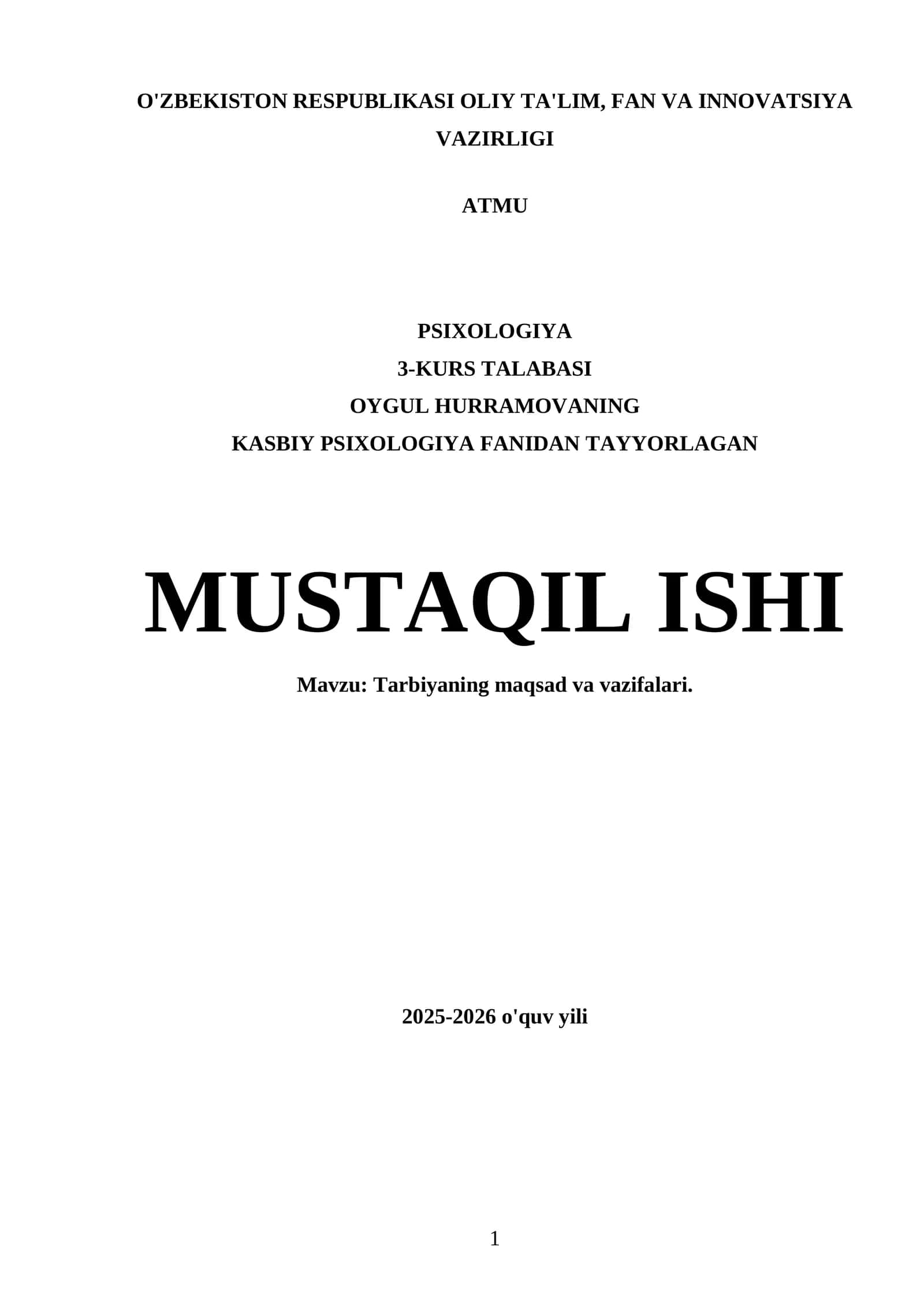 OYGUL HURRAMOVANING KASBIY PSIXOLOGIYA FANIDAN TAYYORLAGAN MUSTAQIL ISHI
