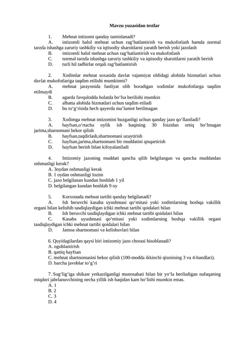 Mavzu yuzasidan testlar
