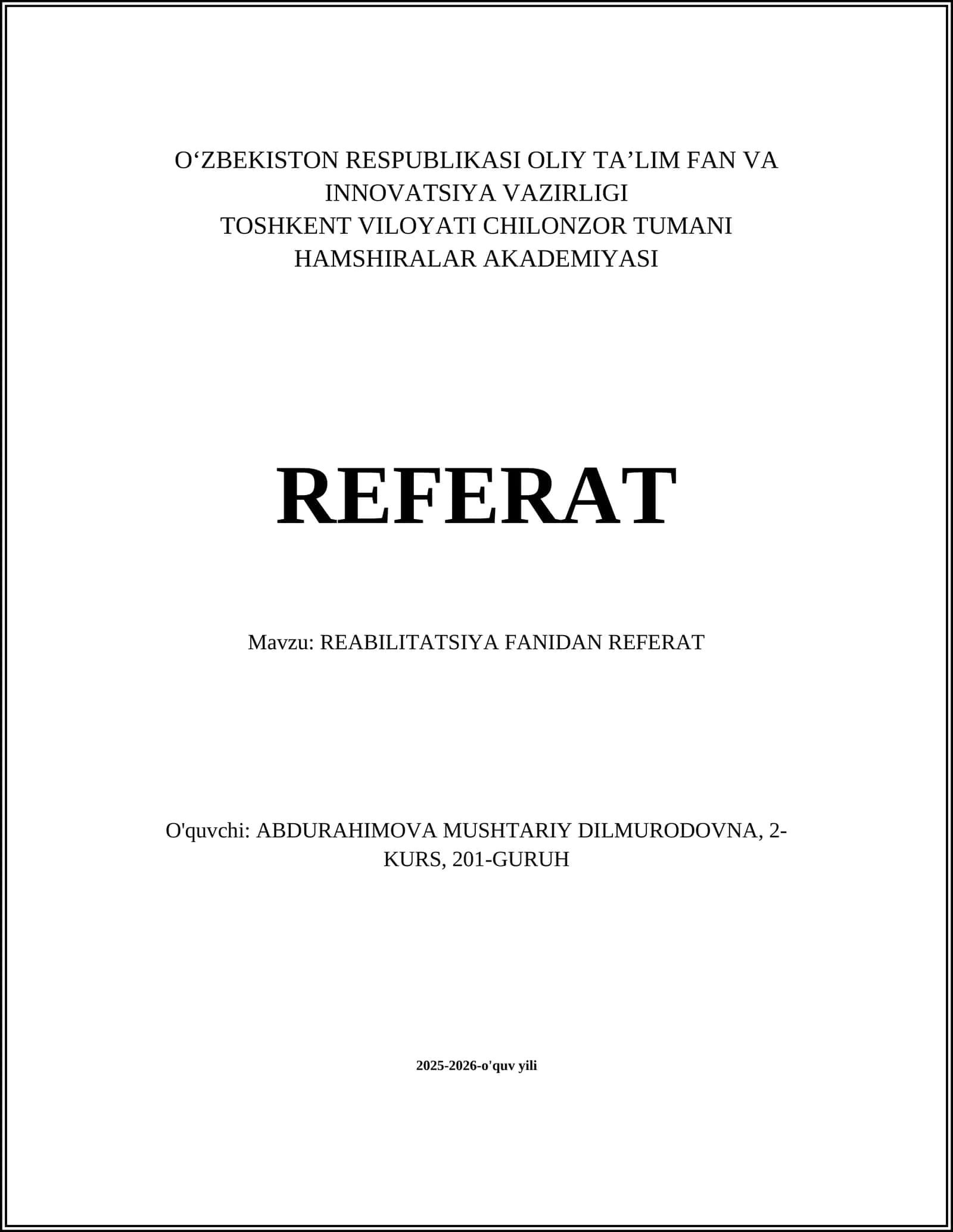 REABILITATSIYA FANIDAN REFERAT