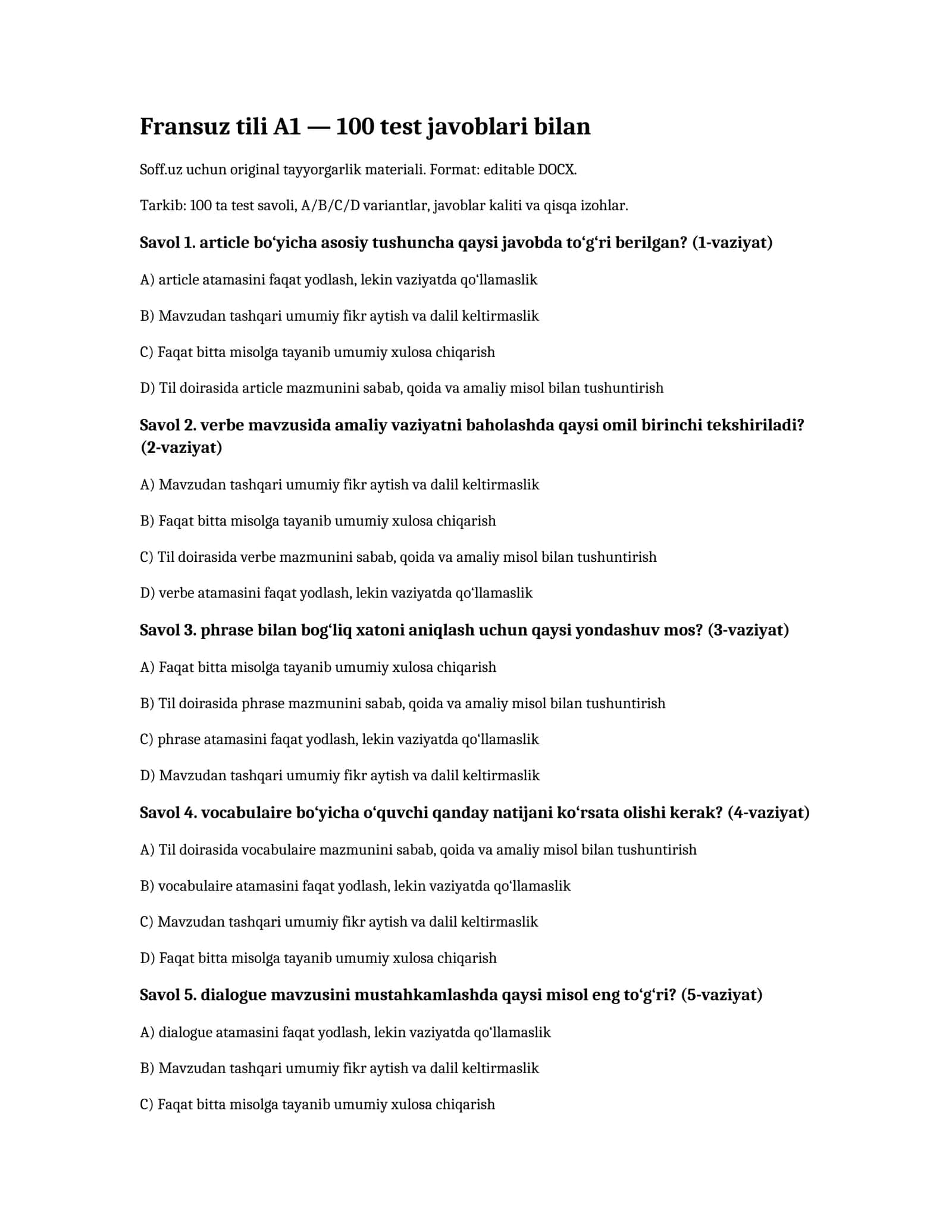 Fransuz tili A1 — 100 test javoblari bilan