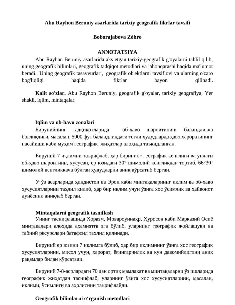 Abu Rayhon Beruniy asarlarida tarixiy geografik fikrlar tavsifi
