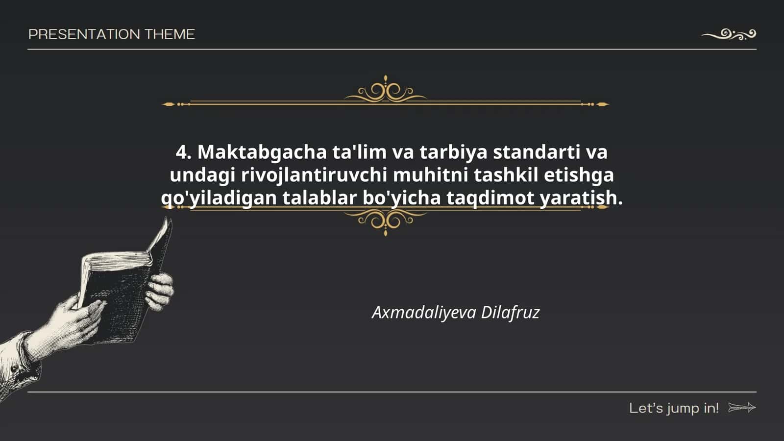 Maktabgacha ta'lim va tarbiya standarti va undagi rivojlantiruvchi muhitni tashkil etishga qo'yiladigan talablar bo'yicha taqdimot yaratish