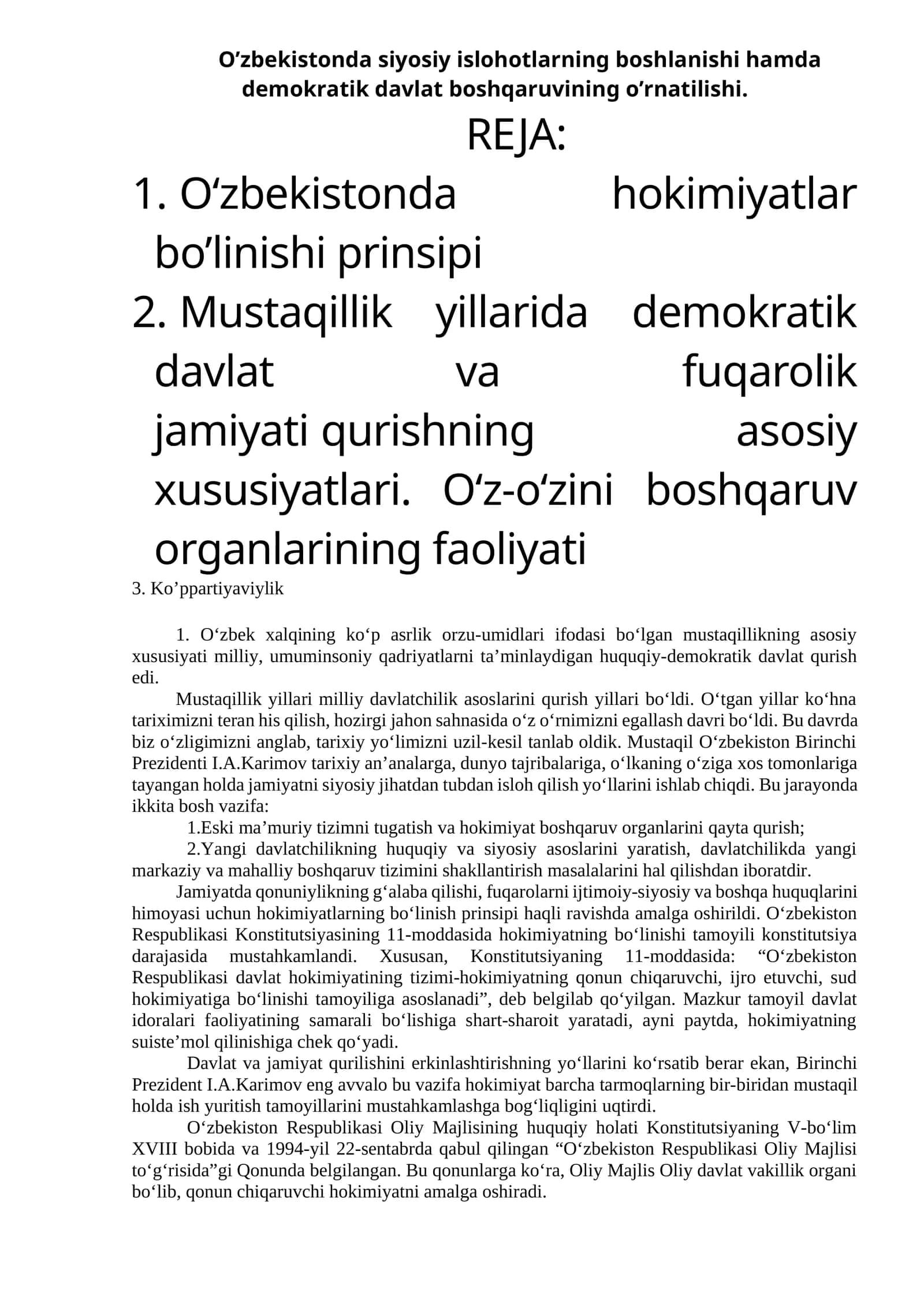 O’zbekistonda siyosiy islohotlarning boshlanishi hamda demokratik davlat boshqaruvining o’rnatilishi