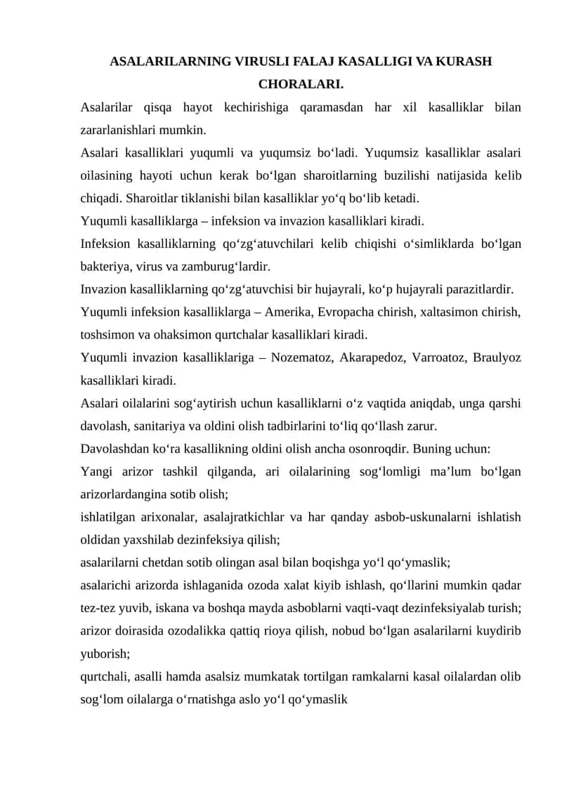 Asalarilarning virusli falaj kasalligi va kurash choralari