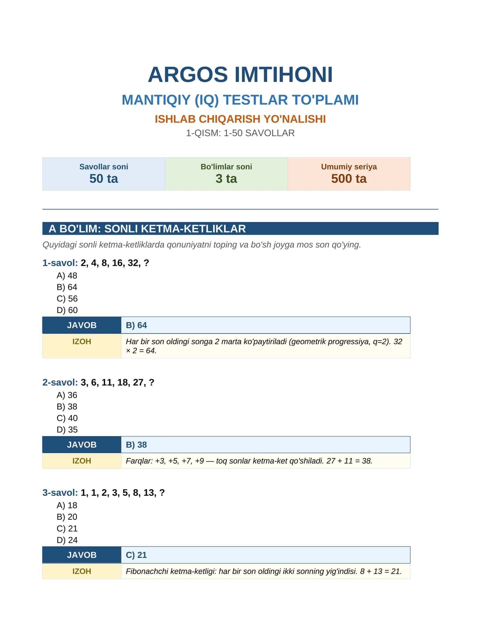 ARGOS IMTIHONI MANTIQIY (IQ) TESTLAR TO'PLAMI