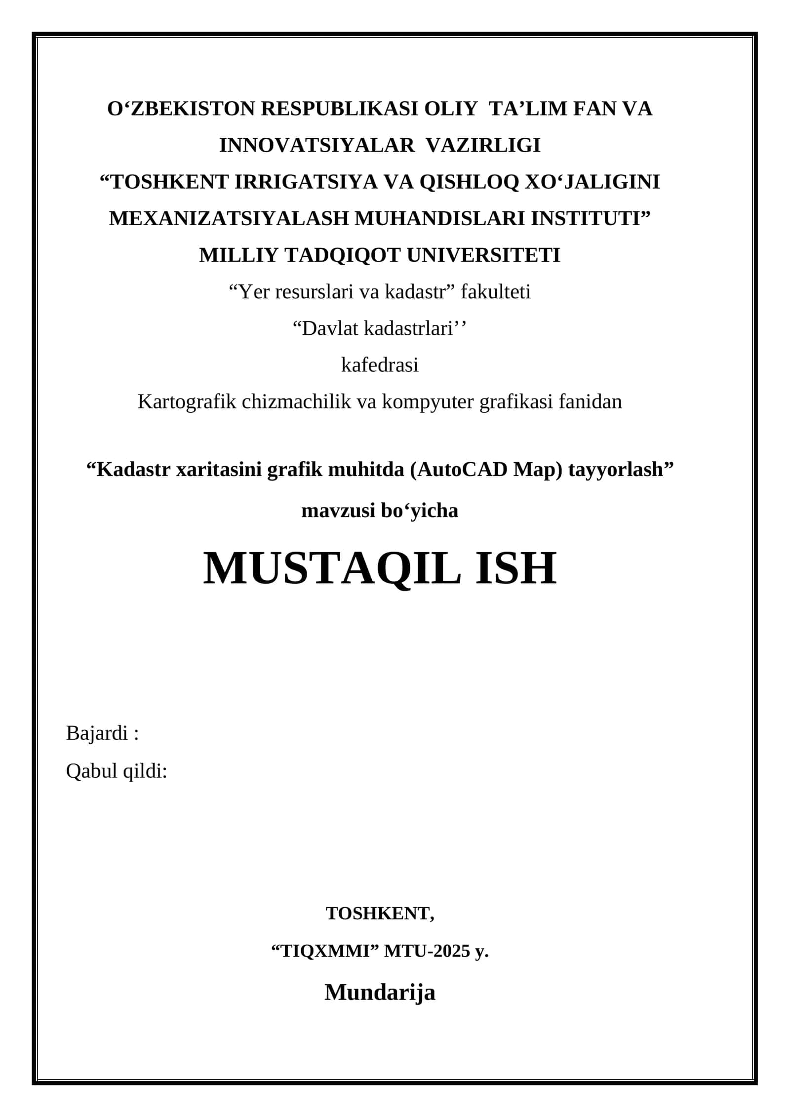 Kadastr xaritasini grafik muhitda (AutoCAD Map) tayyorlash