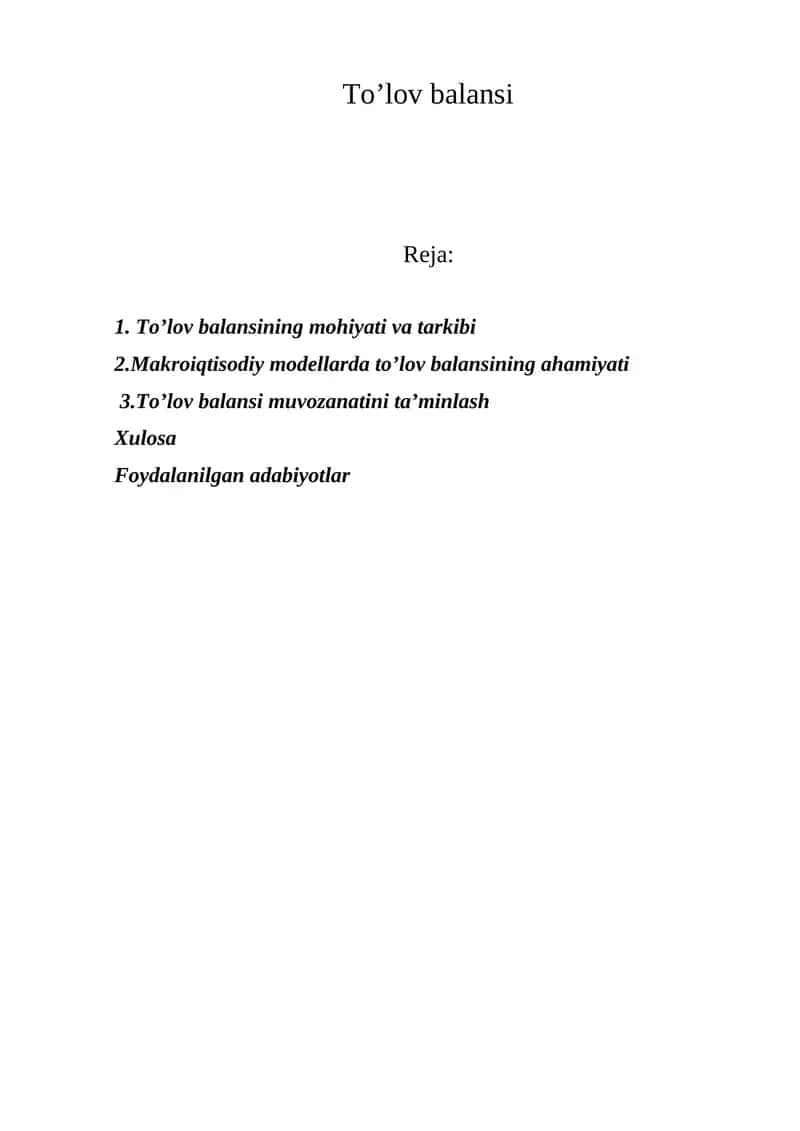 To’lov balansining mohiyati va tarkibi