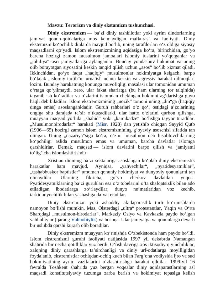 Terorizm va diniy ekstamizm tushunchasi