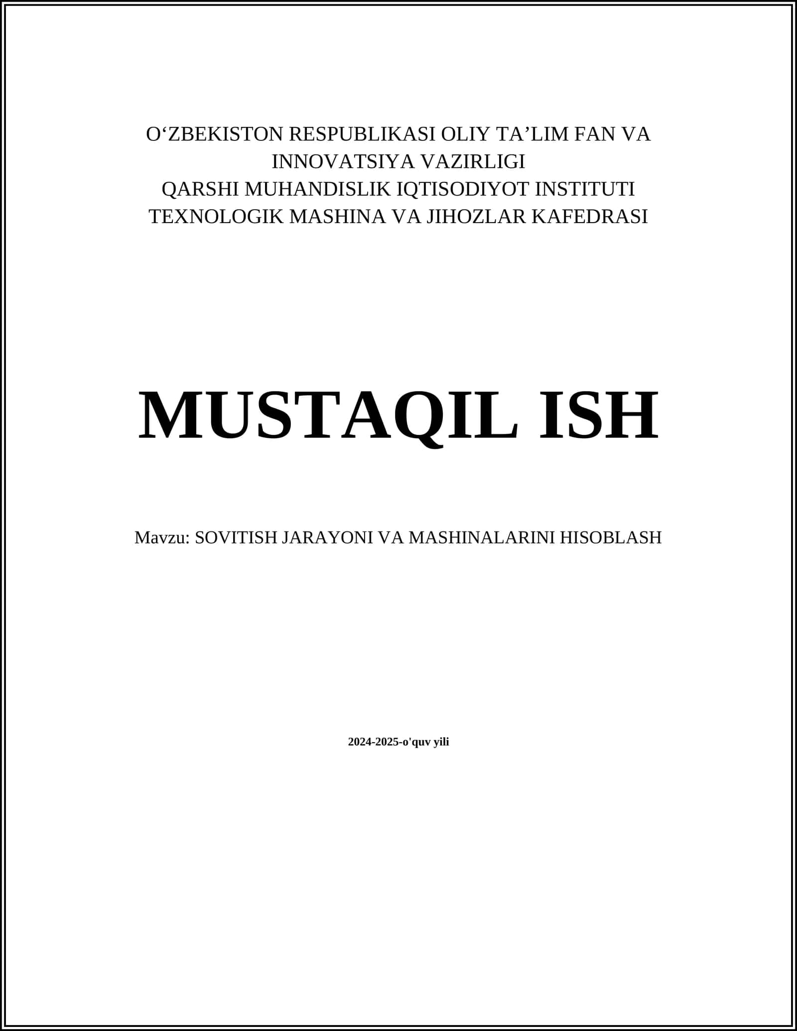 SOVITISH JARAYONI VA MASHINALARINI HISOBLASH