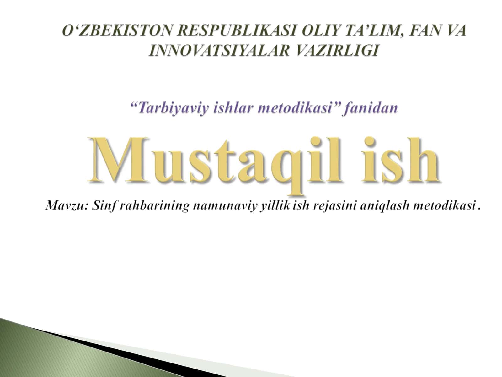 Sinf rahbarining namunaviy yillik ish rejasini aniqlash metodikasi.