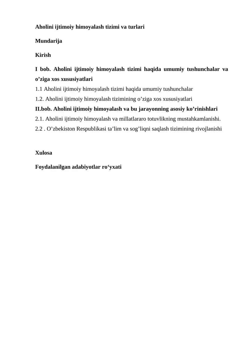 Aholini ijtimoiy himoyalash tizimi va turlari