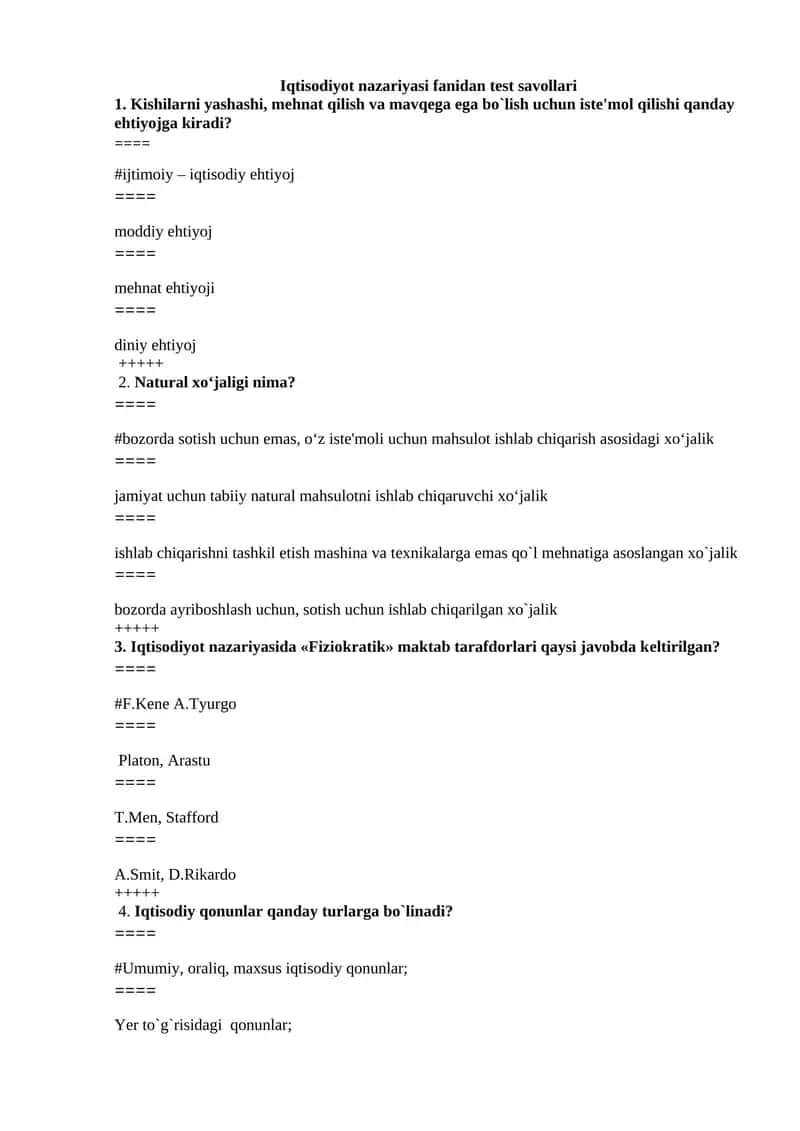 Iqtisodiyot nazariyasi fanidan test savollari