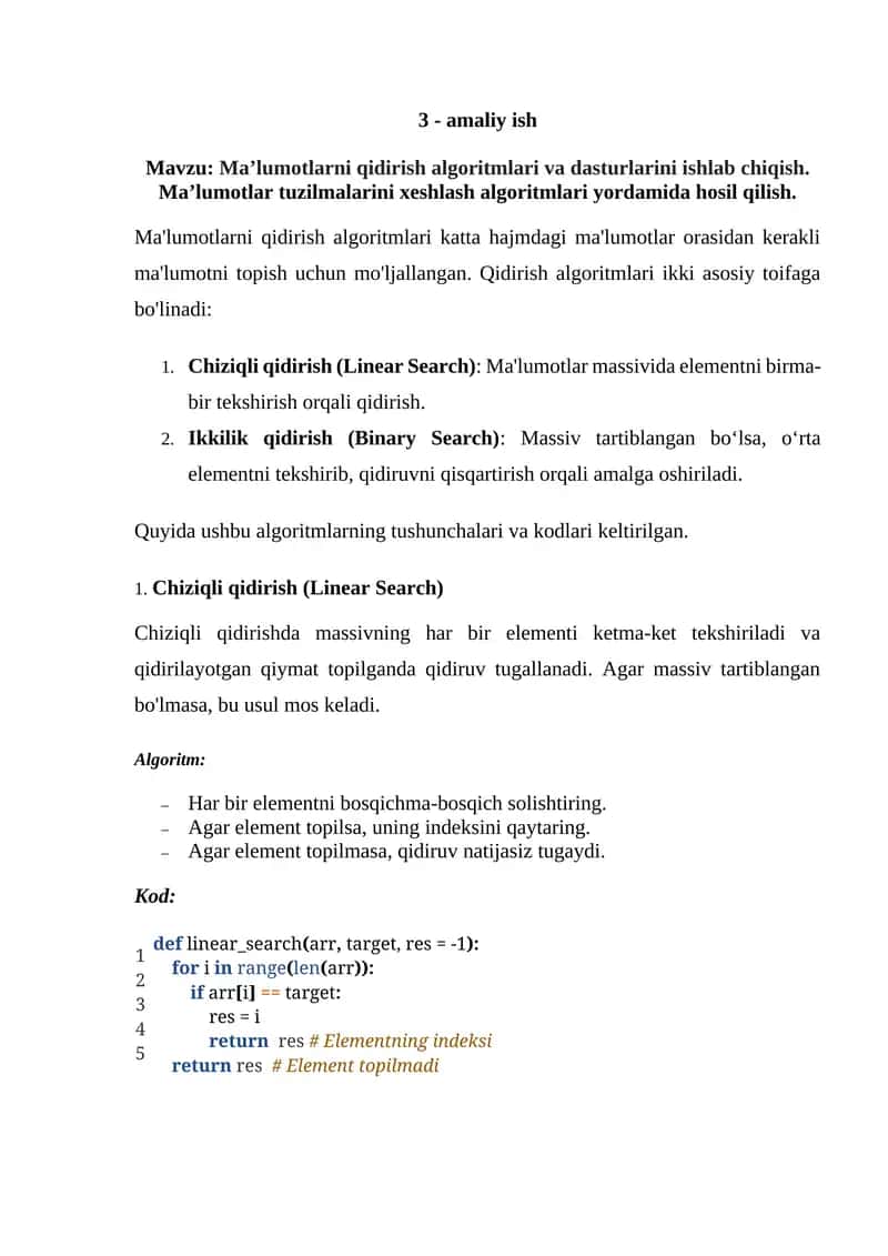 Ma’lumotlarni qidirish algoritmlari va dasturlarini ishlab chiqish. Ma’lumotlar tuzilmalarini xeshlash algoritmlari yordamida hosil qilish.
