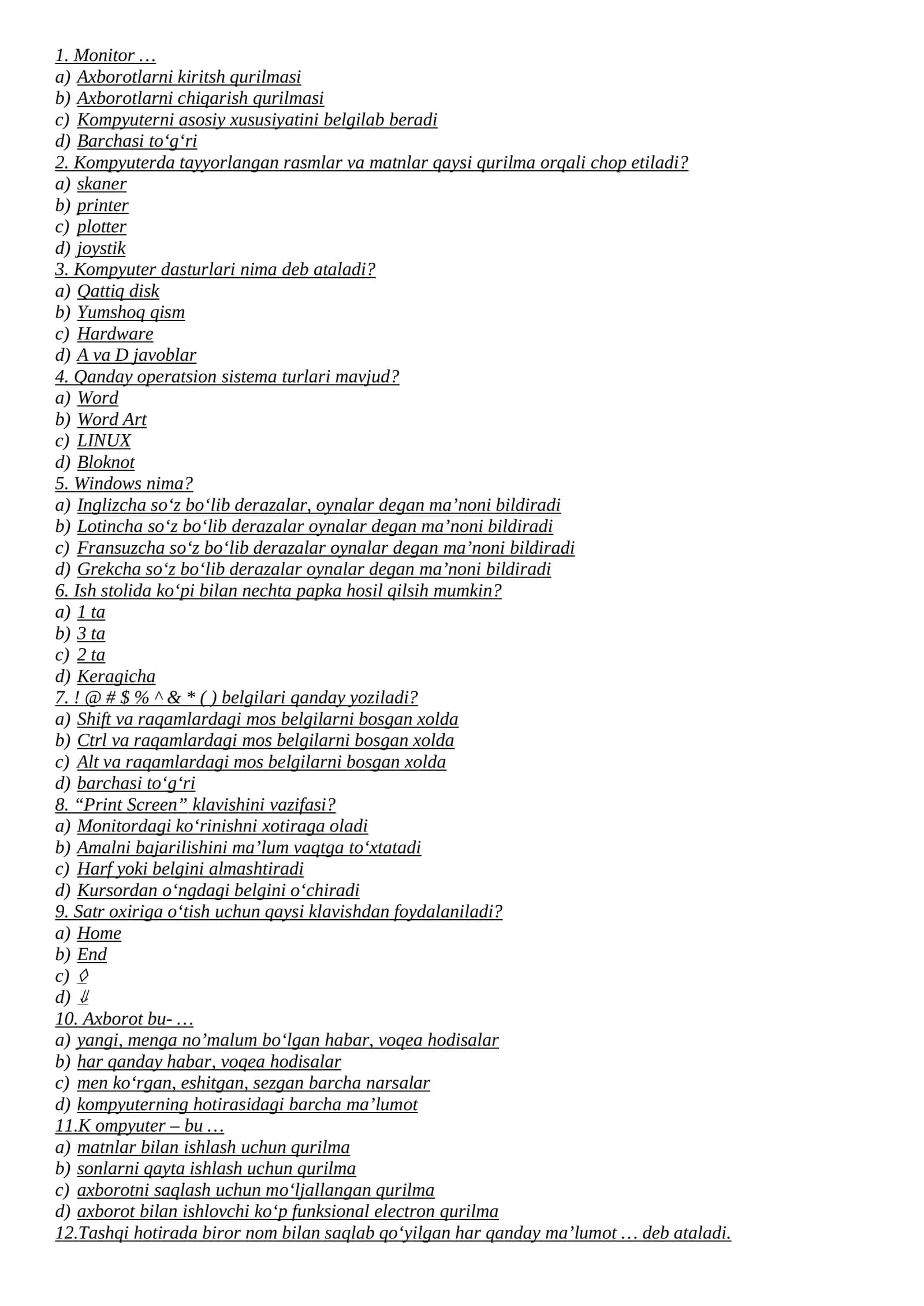 Kompyuter savodxonligi testlari
