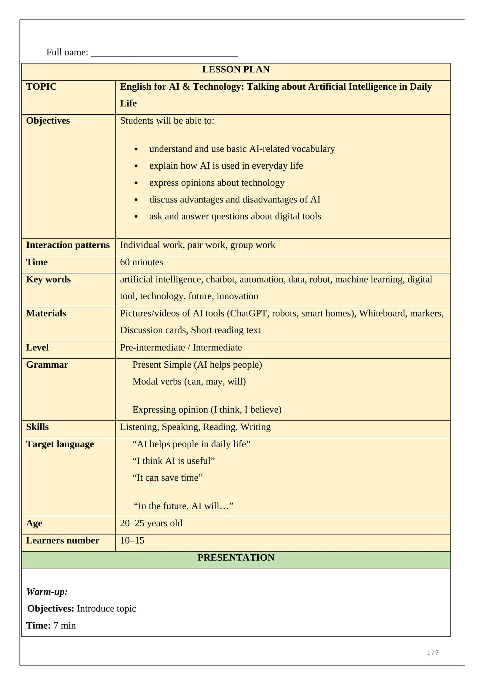 Lesson plan ESP AI & Texnologiya