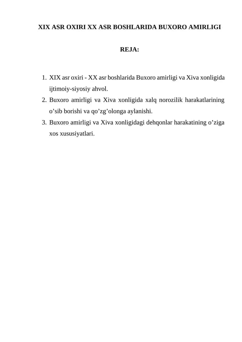 XIX ASR OXIRI XX ASR BOSHLARIDA BUXORO AMIRLIGI