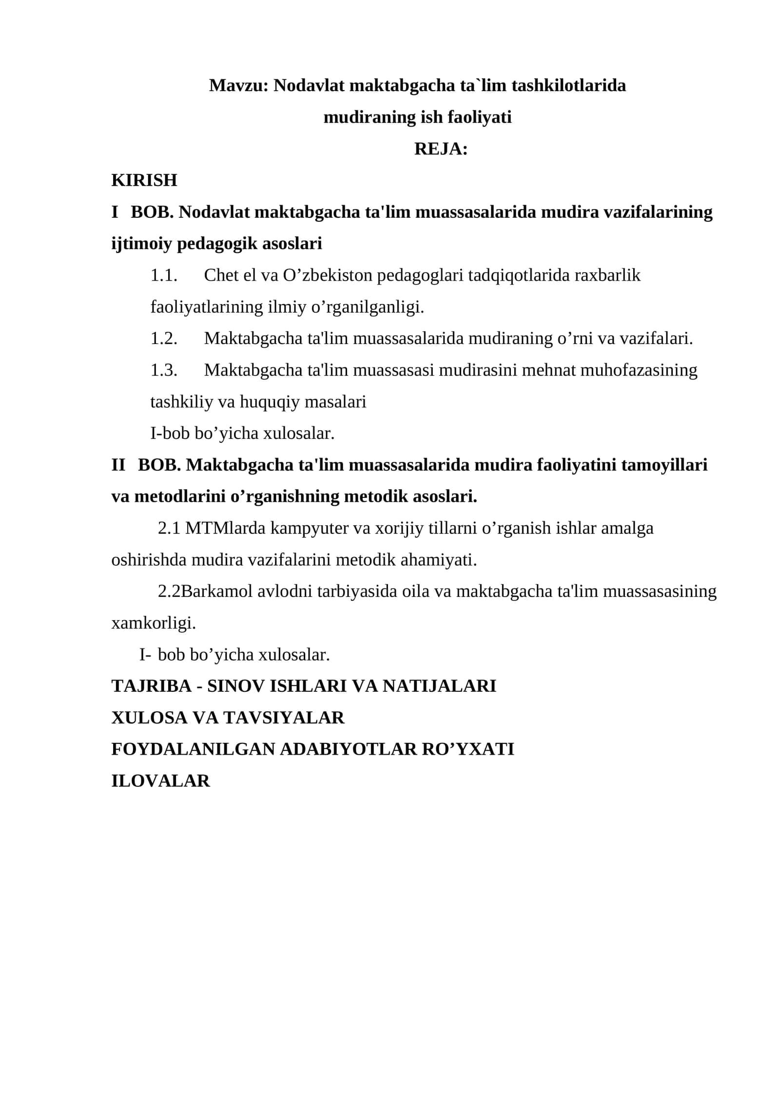 Nodavlat maktabgacha ta`lim tashkilotlarida mudiraning ish faoliyati