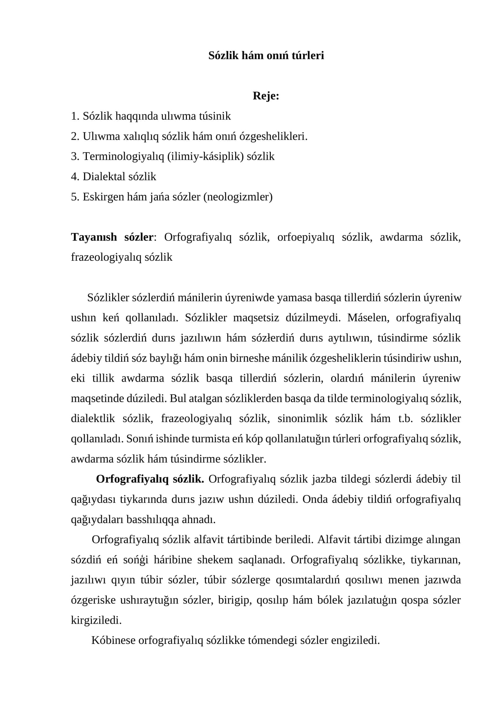 Sözlik hám onıń túrleri