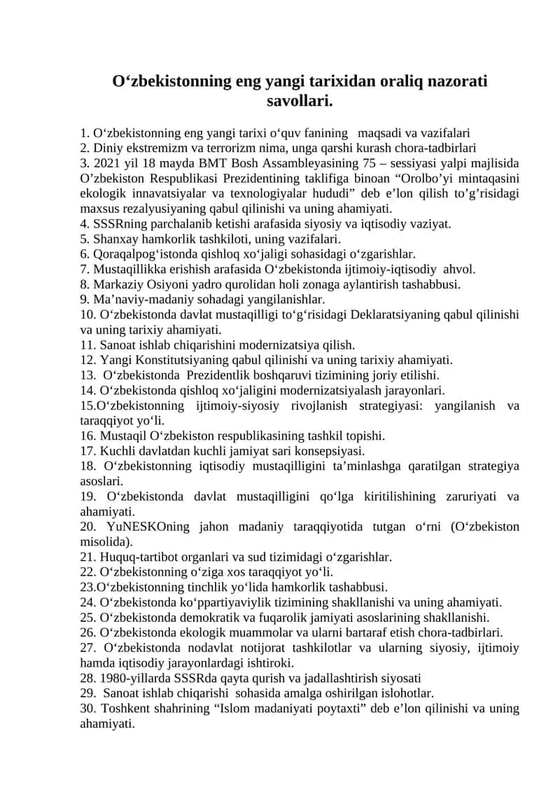 O‘zbekistonning eng yangi tarixidan oraliq nazorati savollari