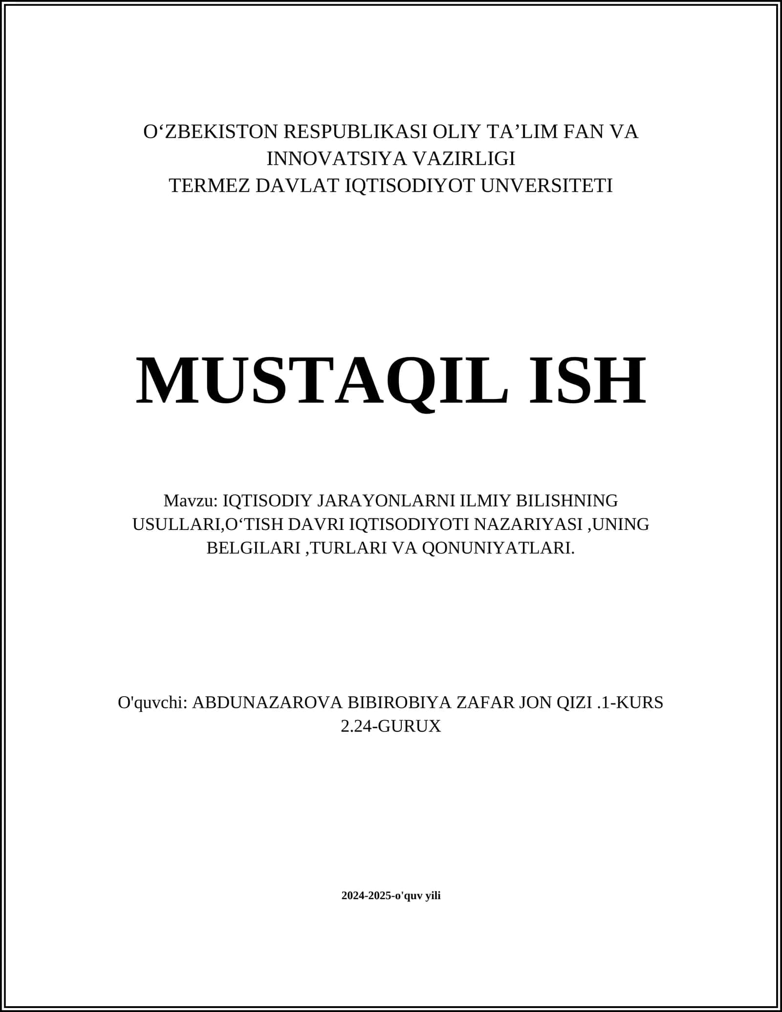 IQTISODIY JARAYONLARNI ILMIY BILISH USULLARI