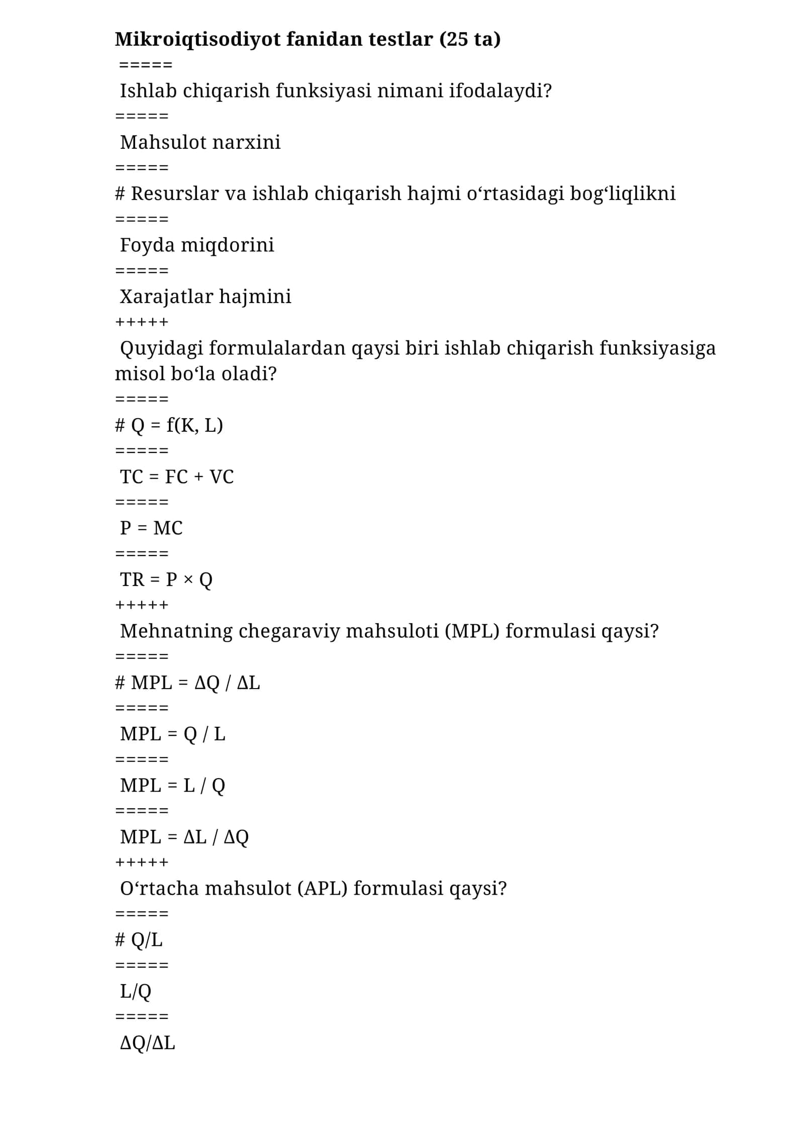 Mikroiqtisodiyot fanidan testlar (25 ta)